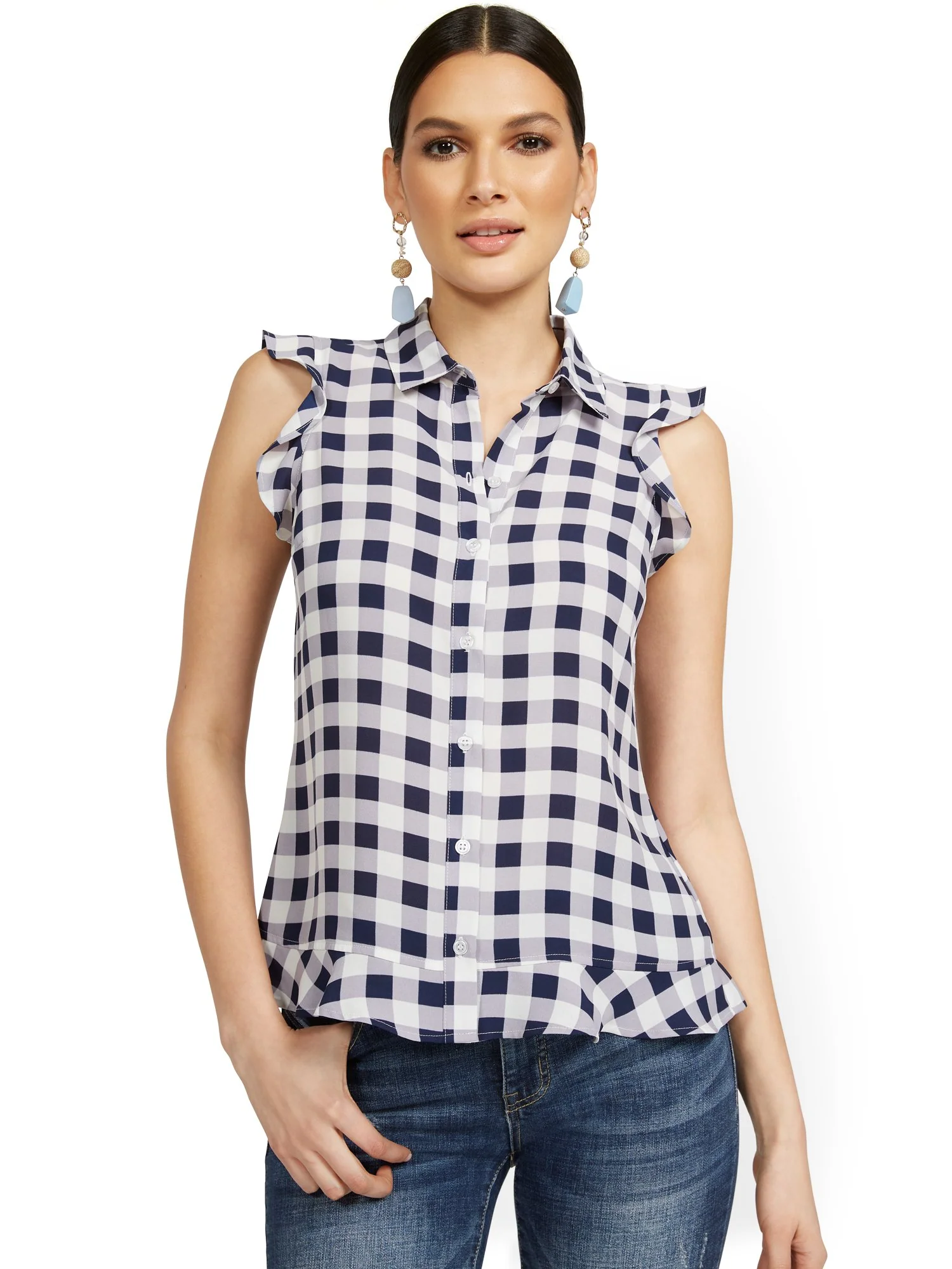 Sleeveless Button-Front Flouncy Gingham Top - Image 2