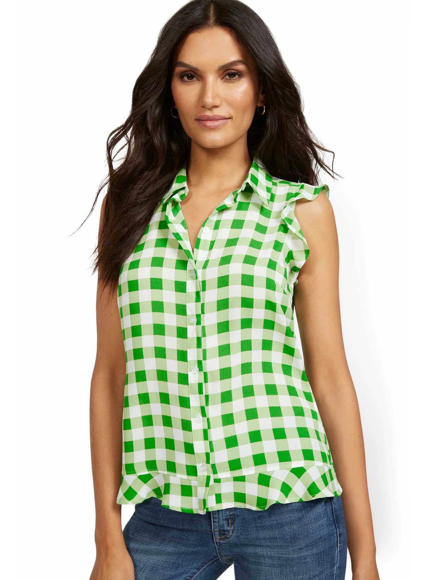 Sleeveless Button-Front Flouncy Gingham Top - Image 5