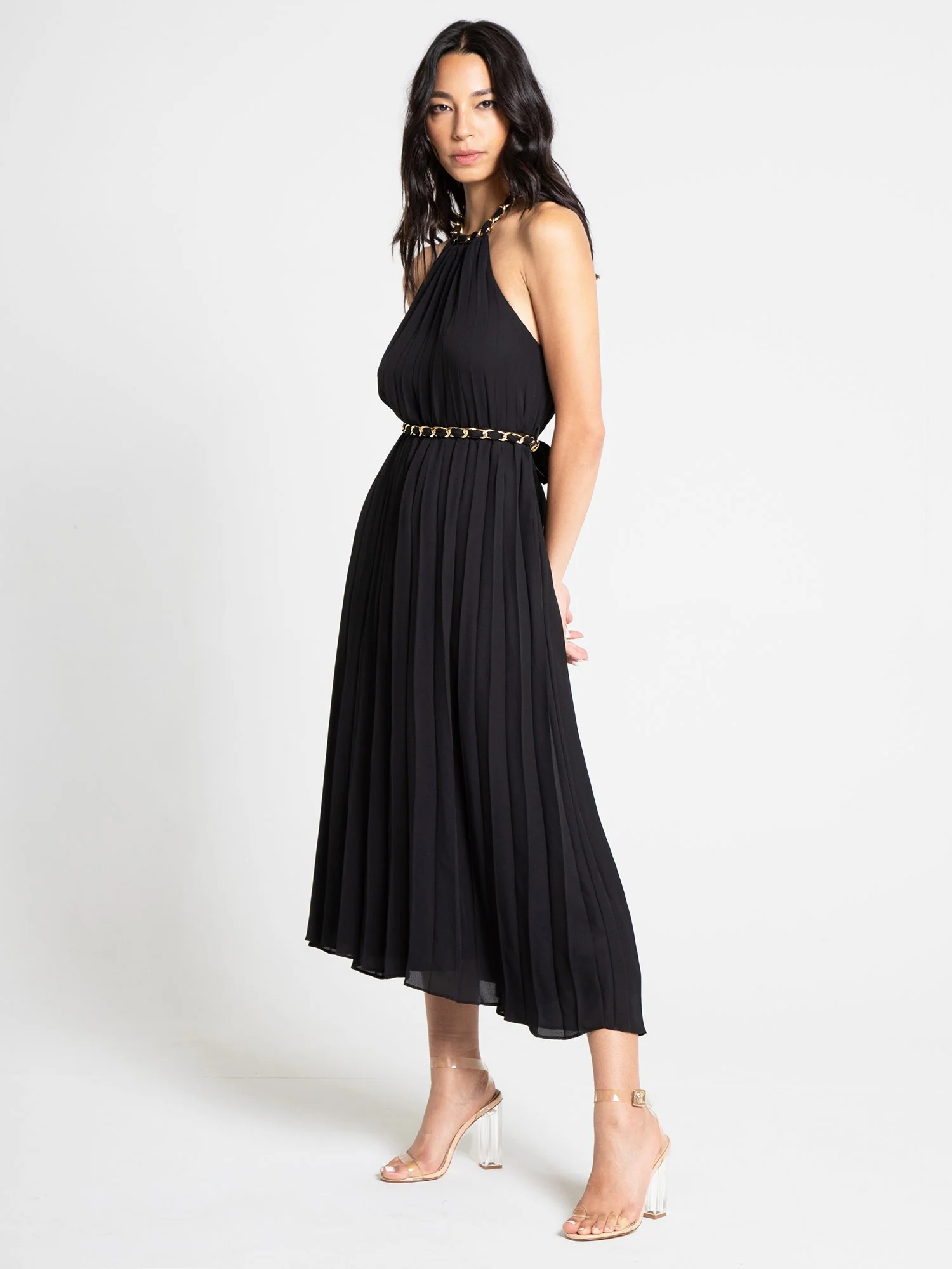 Sleeveless Chain Belt Pleated Midi Dress - Hidden Label - Image 2