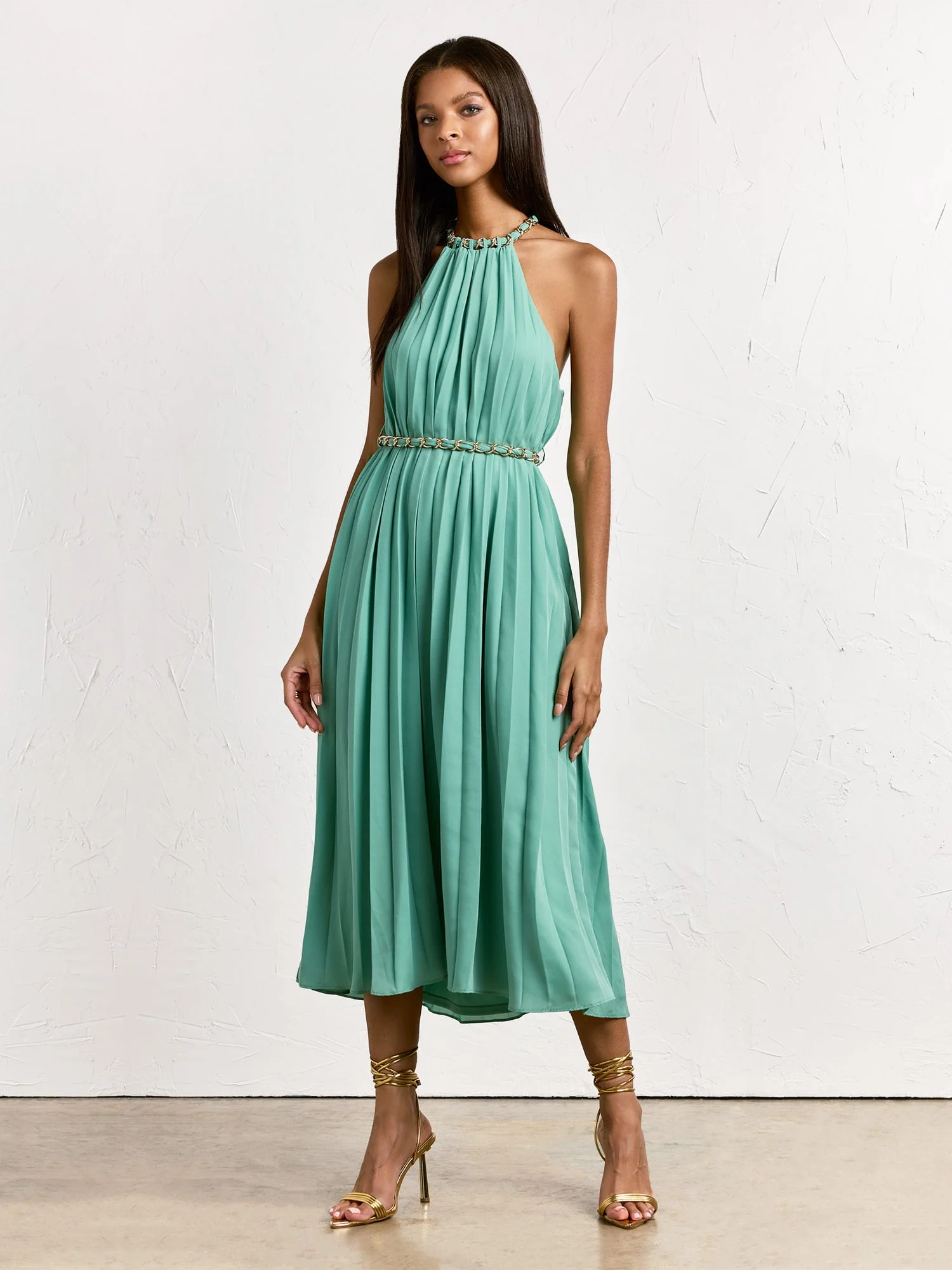 Sleeveless Chain Belt Pleated Midi Dress - Hidden Label - Image 7