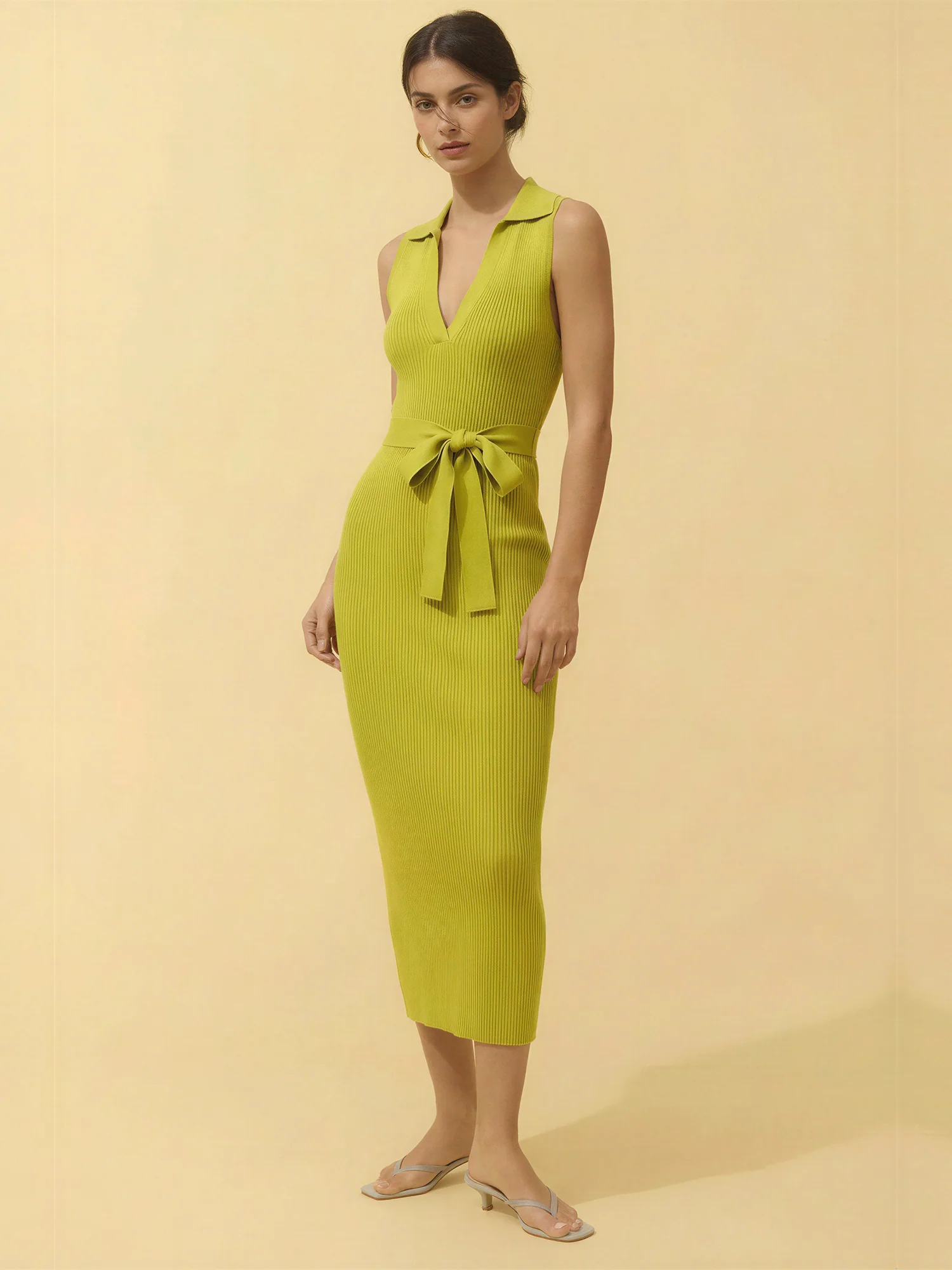 Sleeveless Collared Tie Waist Knit Midi Dress