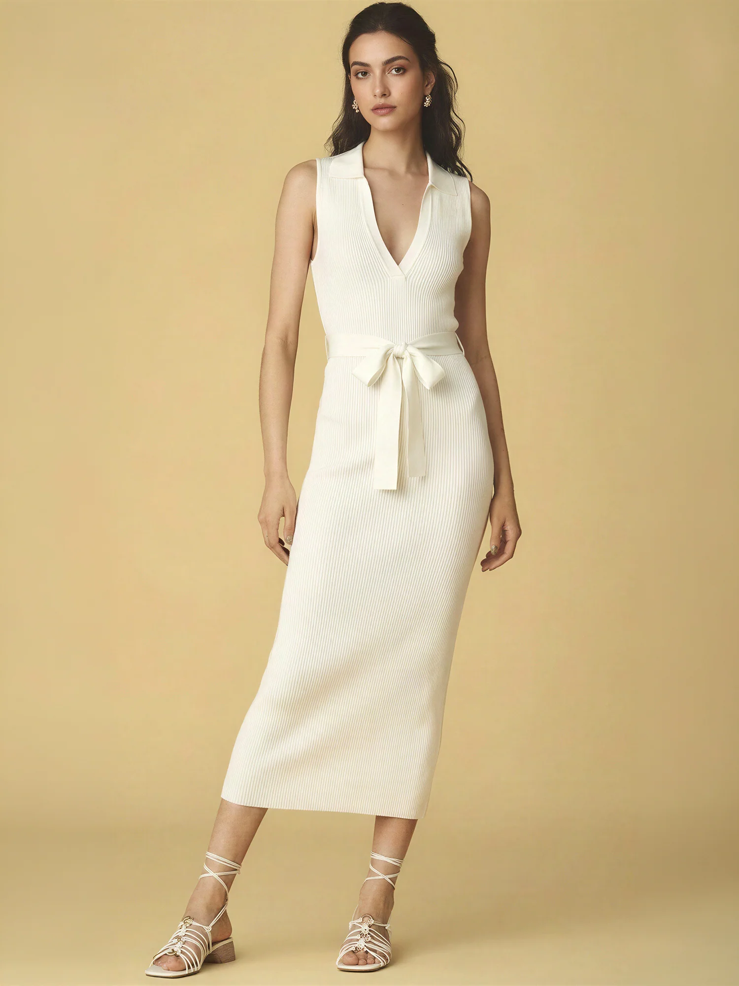 Sleeveless Collared Tie Waist Knit Midi Dress - Image 5