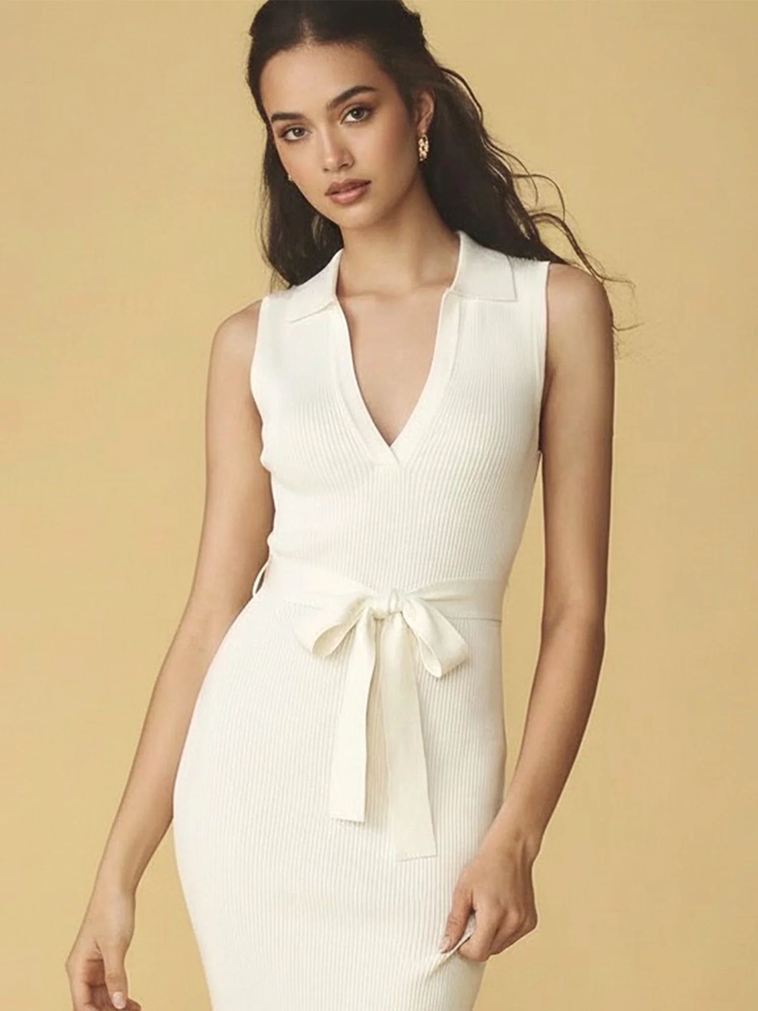 Sleeveless Collared Tie Waist Knit Midi Dress - Image 6