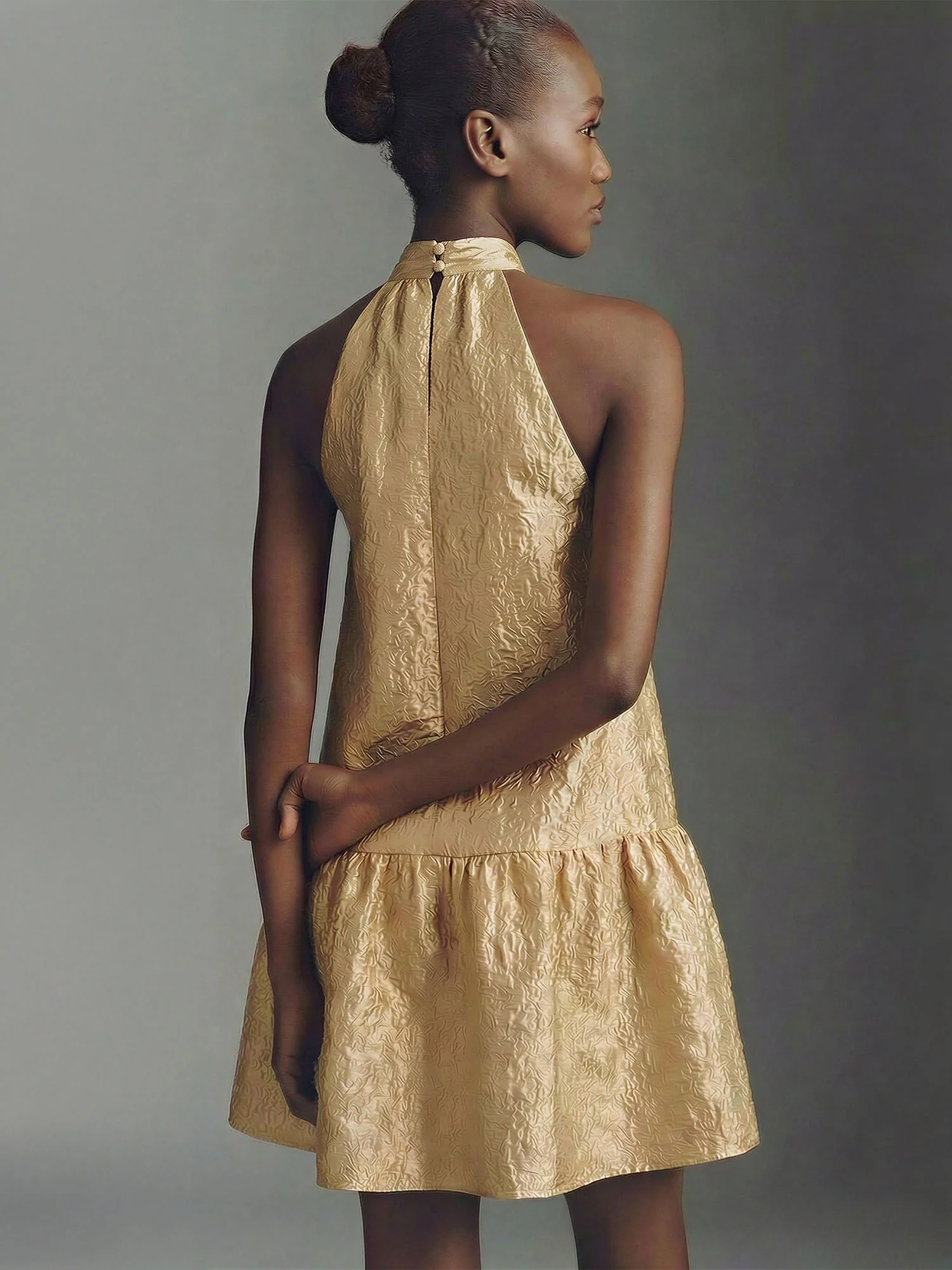 Gold Jacquard Bow Neck Shift Mini Dress - Image 9