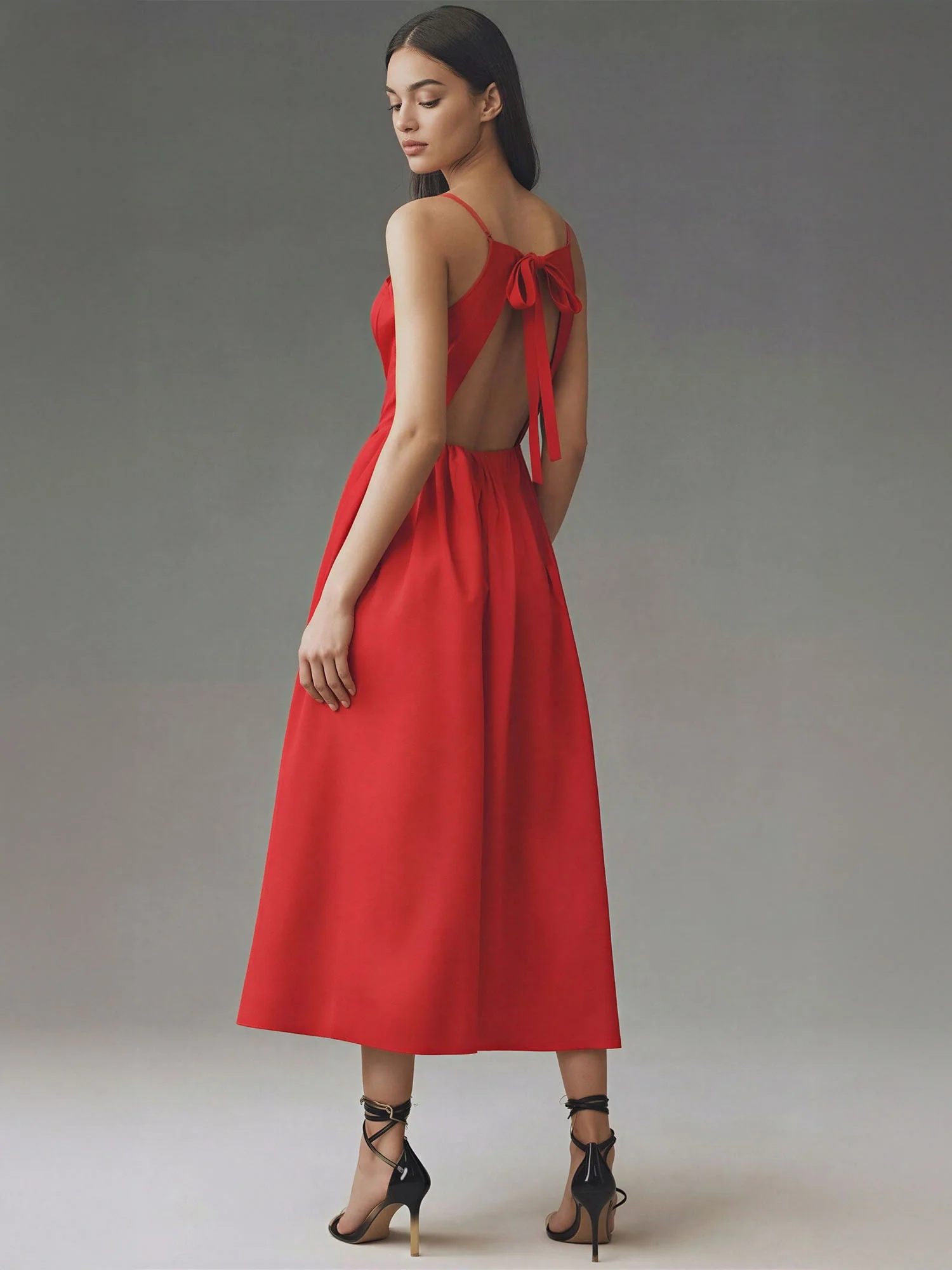 High-Low Open Bow Back Satin Midi Dress - Image 4