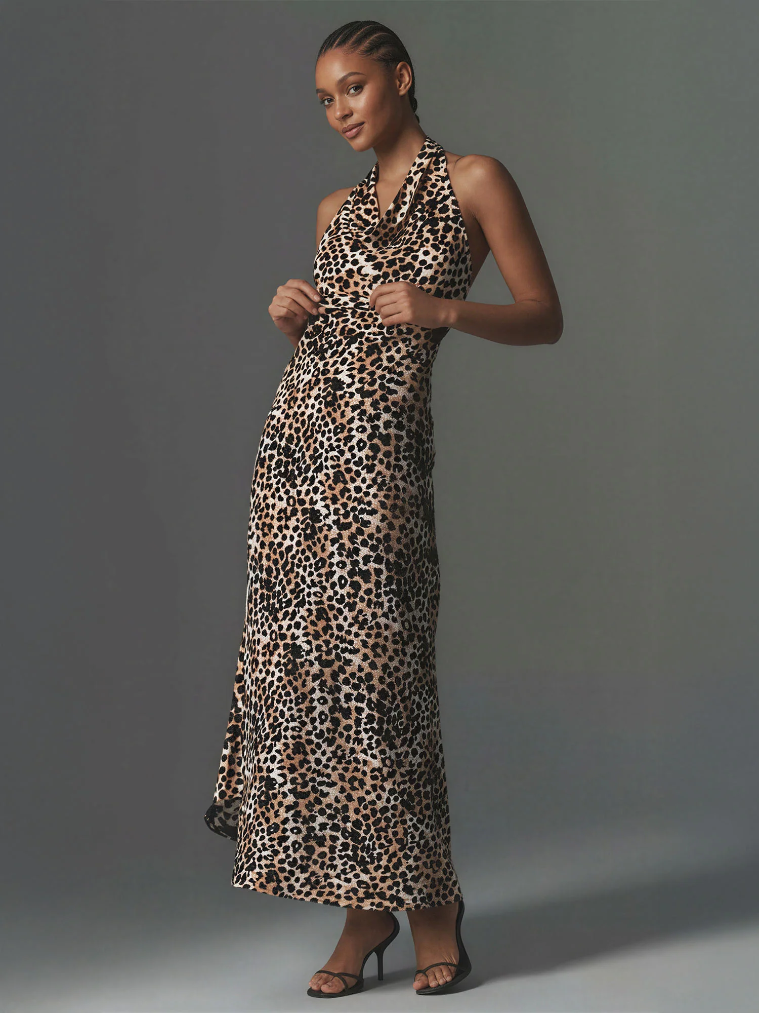 Leopard Halter Cowl Neck Midi Dress