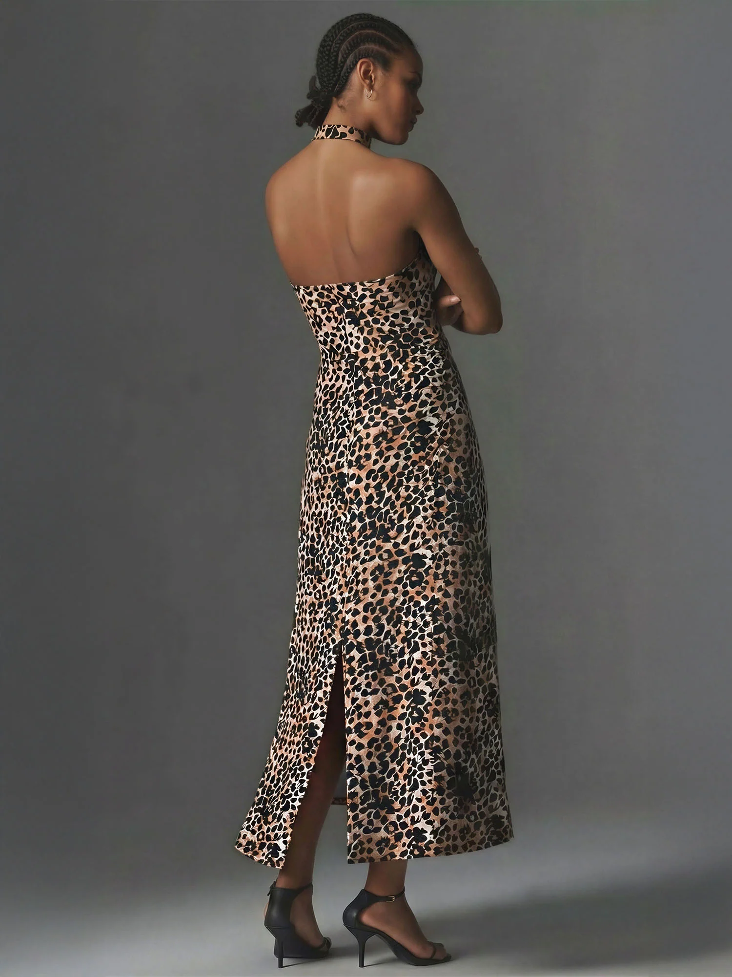 Leopard Halter Cowl Neck Midi Dress - Image 4