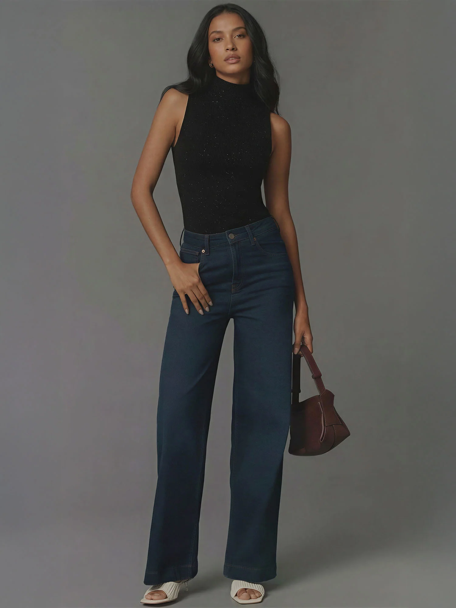 Metallic Yarn Mock Neck Sweater Top - Image 2