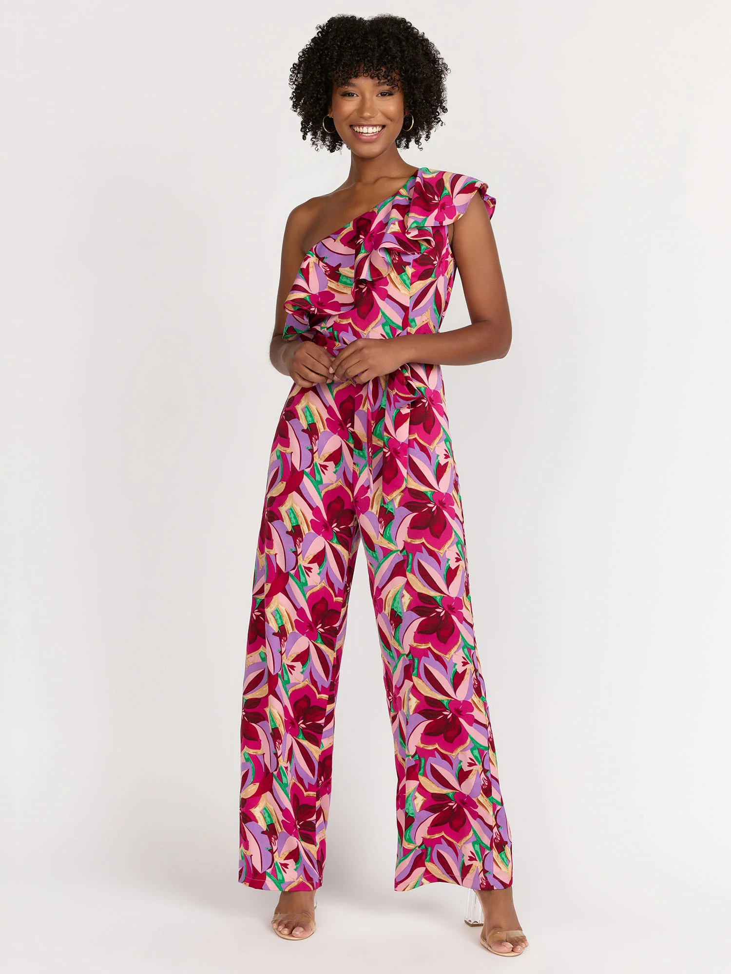 Milk & Honey Sleeveless One Shoulder Tropical Print Ruffle Tie-Waist Jumpsuit - Brands We Love