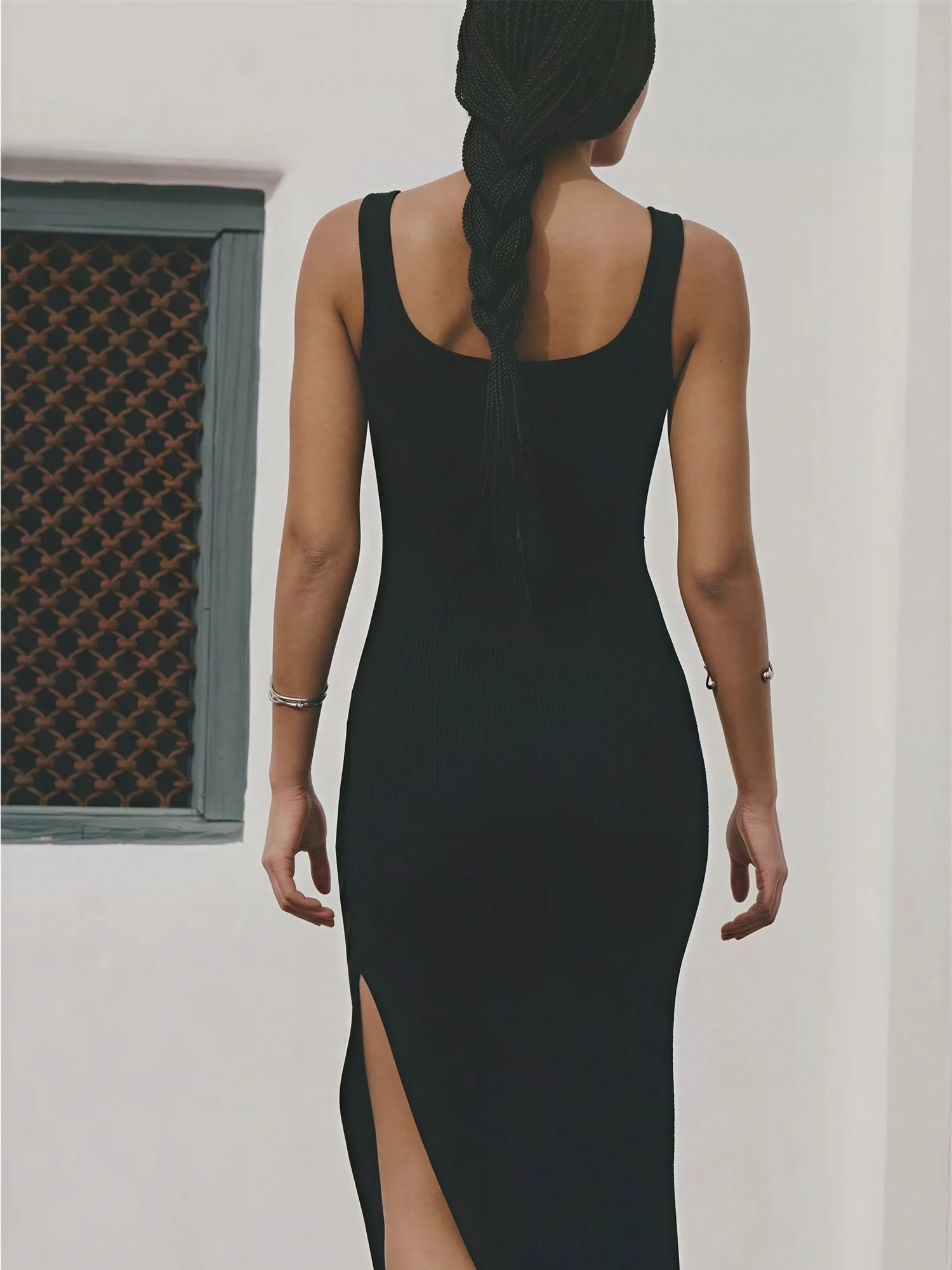 Sleeveless Pendant Knit Side Slit Midi Dress - Image 3