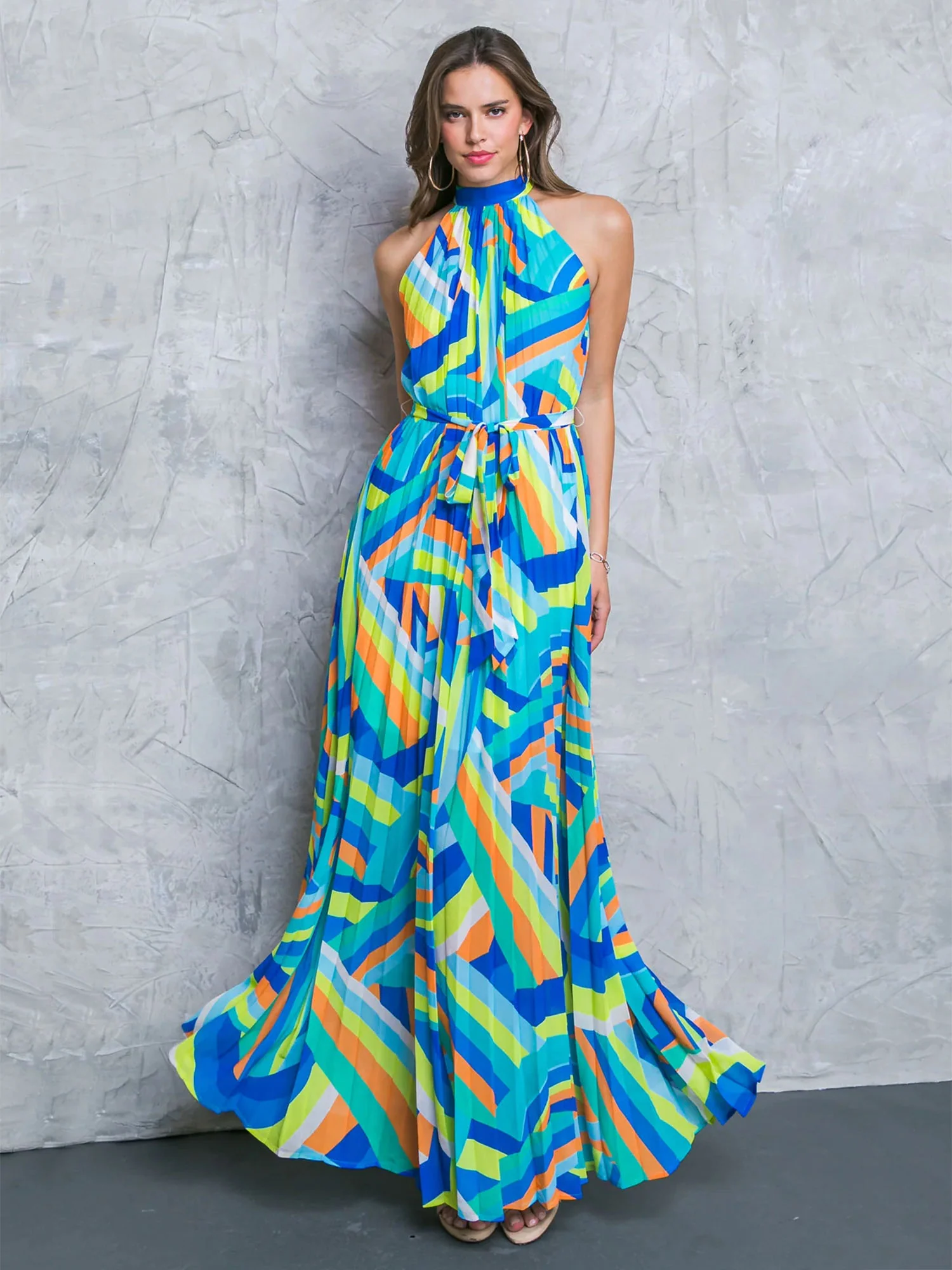 Flying Tomato Sleeveless Printed Tie-Waist Halter Pleated Maxi Dress - Brands We Love