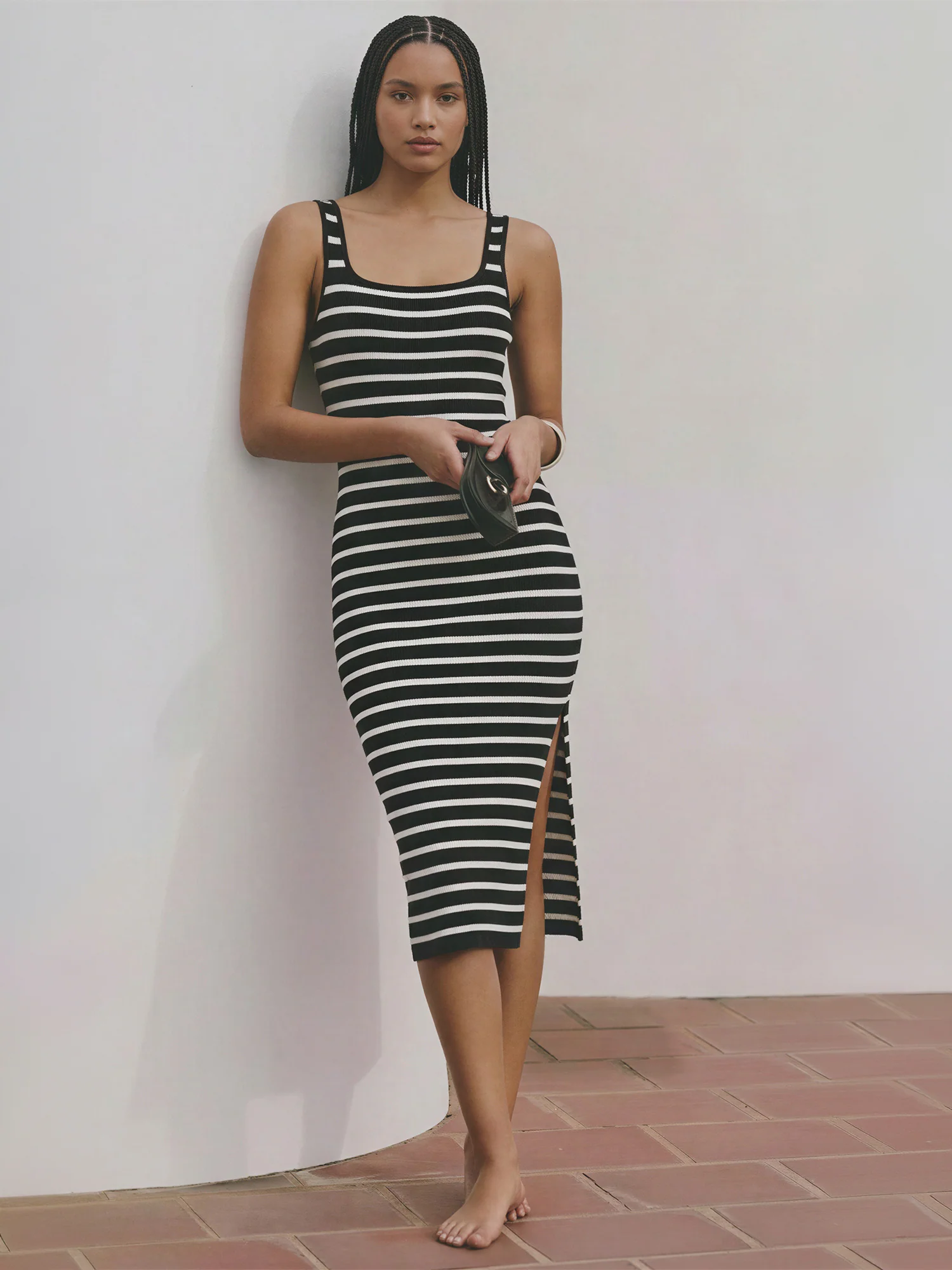 Sleeveless Striped Knit Slit Midi Dress