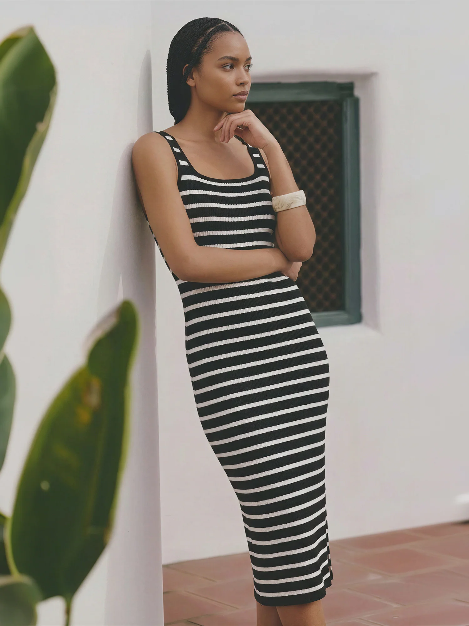 Sleeveless Striped Knit Slit Midi Dress - Image 2