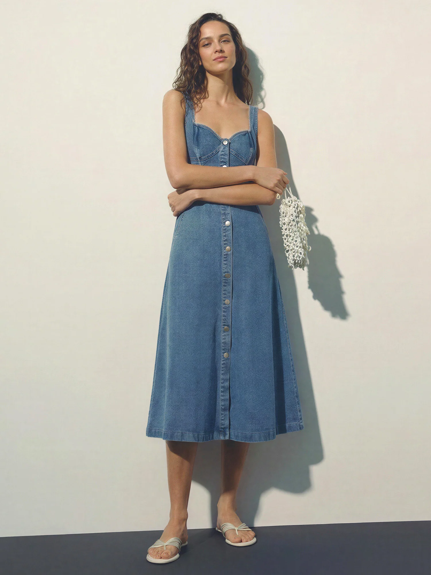 Sleeveless Sweetheart Button Front A-Line Midi Dress