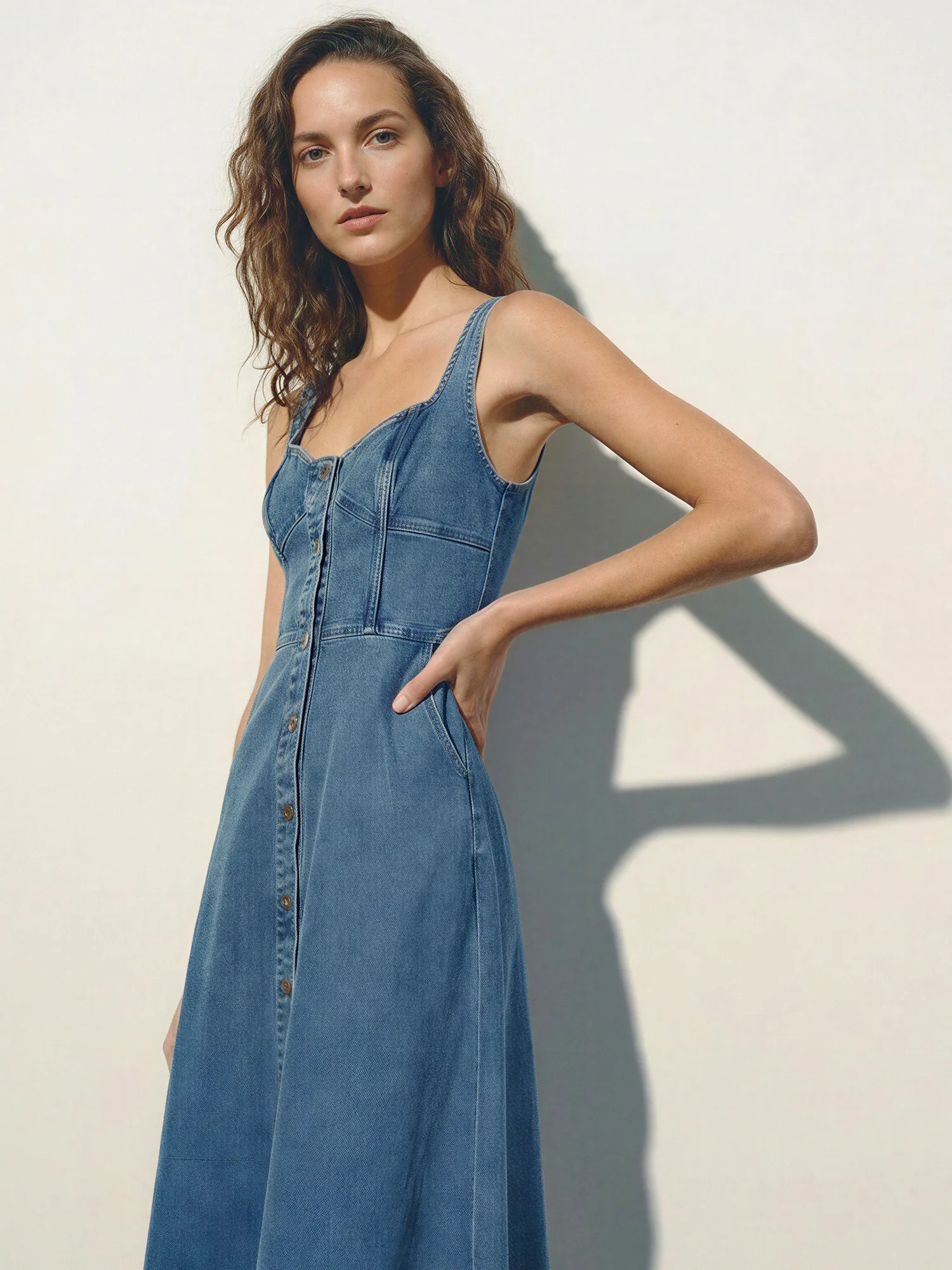 Sleeveless Sweetheart Button Front A-Line Midi Dress - Image 2