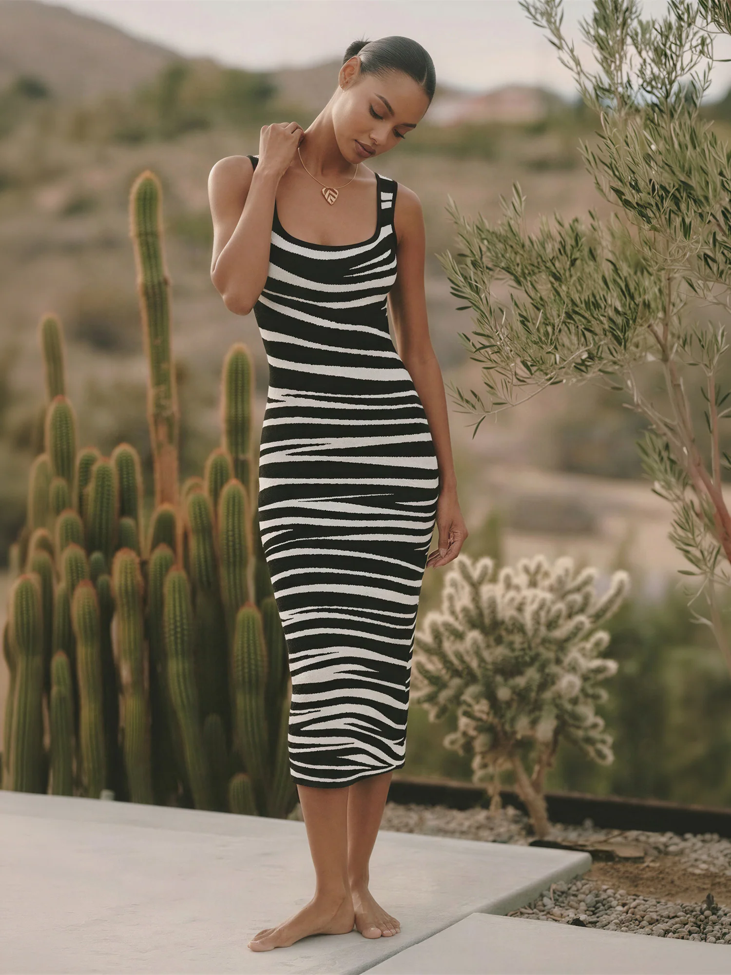Sleeveless Zebra Print Knit Midi Dress