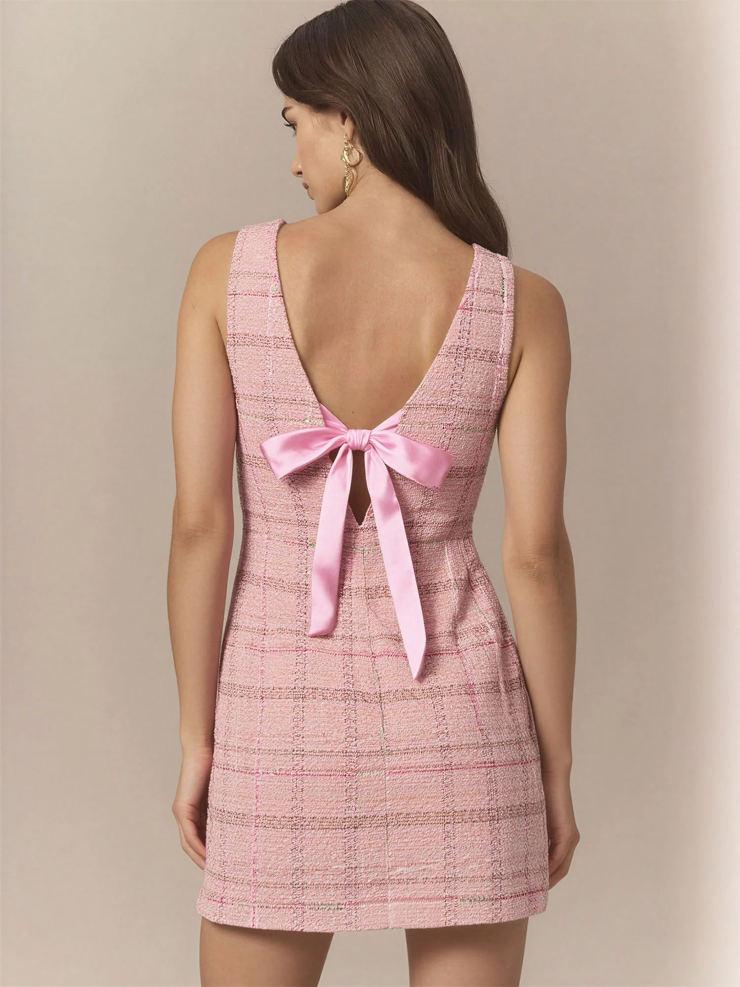 Sleeveless Tweed Square Neckline Mini Dress With Bow - Image 2