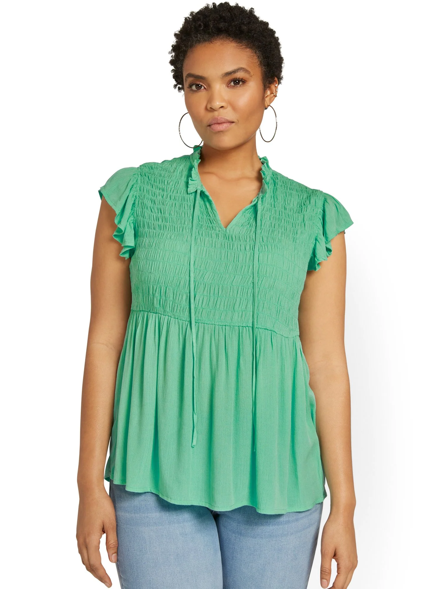 Smocked Flutter-Sleeve Top