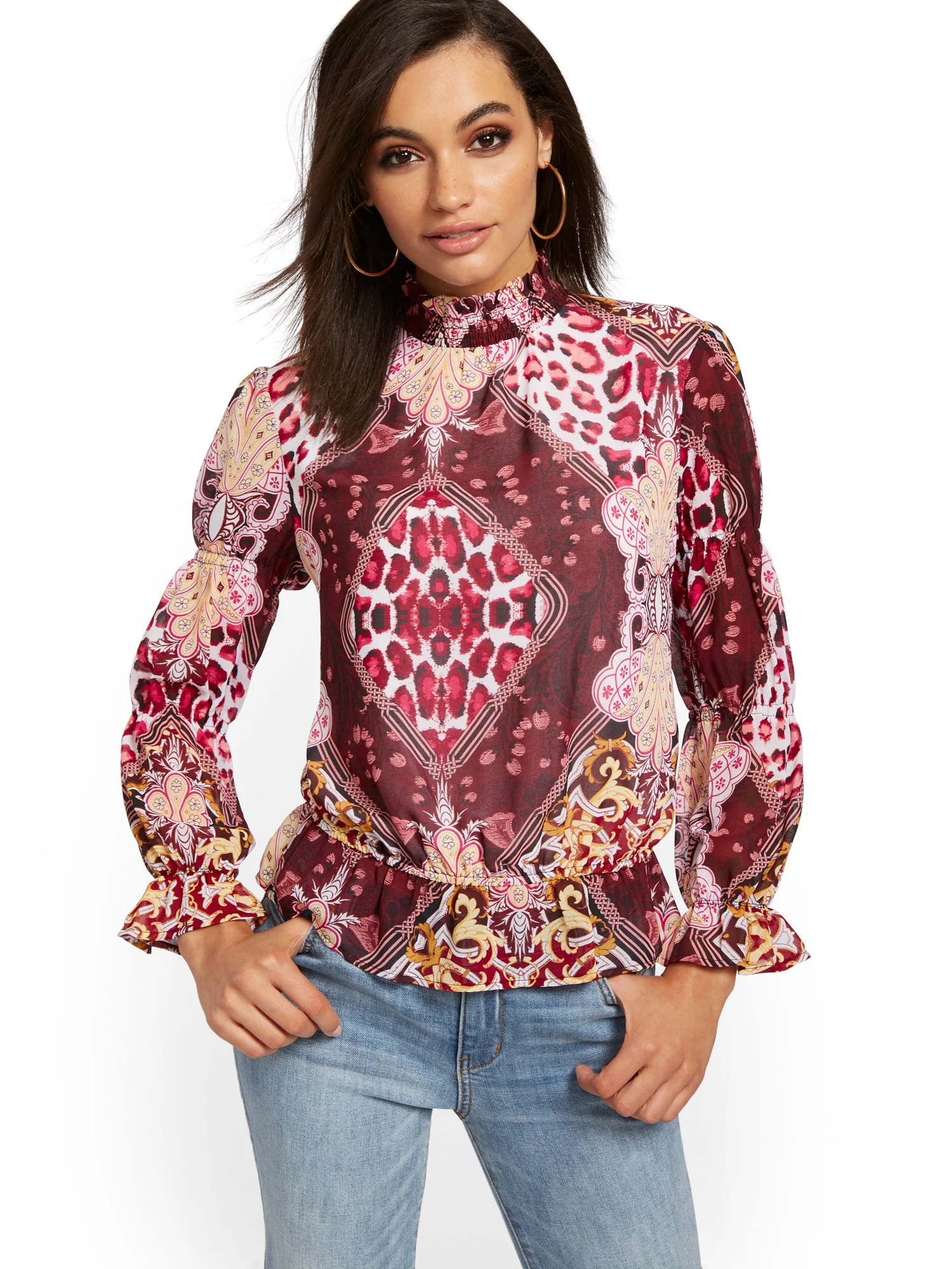 Smocked Mock-Neck Blouse - Mixed Print - Image 2