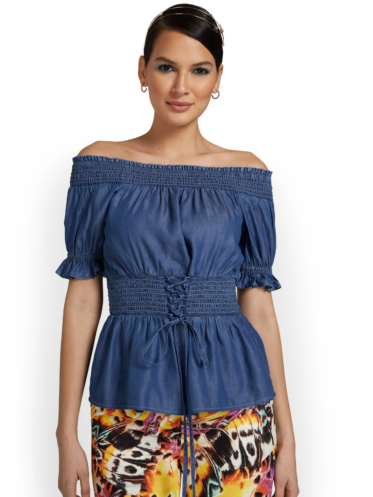 Smocked Off-The-Shoulder Denim Top - Image 2