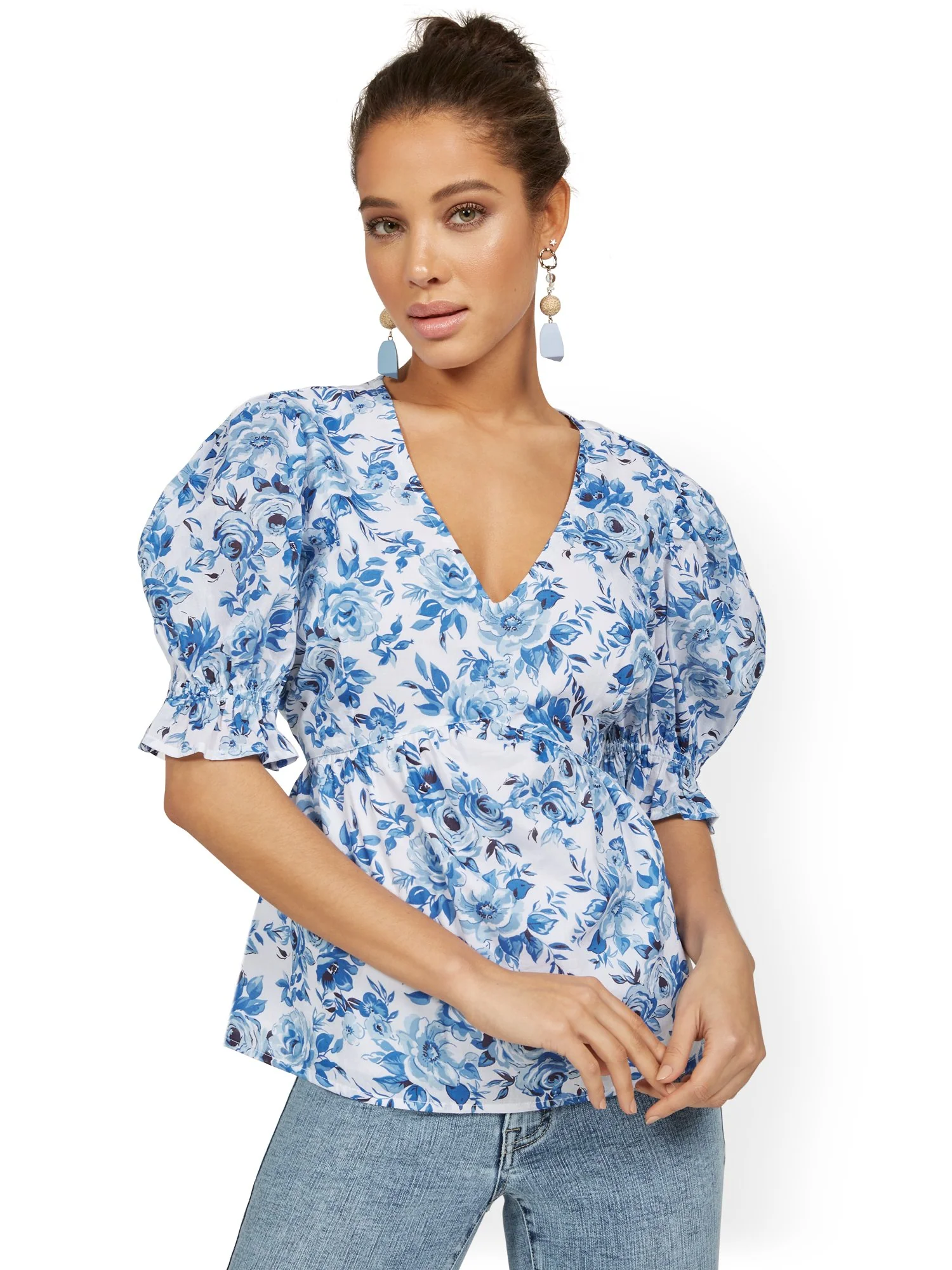 Smocked Puff-Sleeve V-Neck Top - Image 2