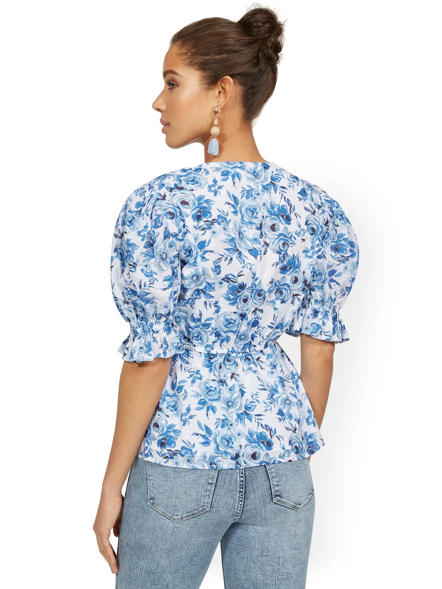 Smocked Puff-Sleeve V-Neck Top - Image 3