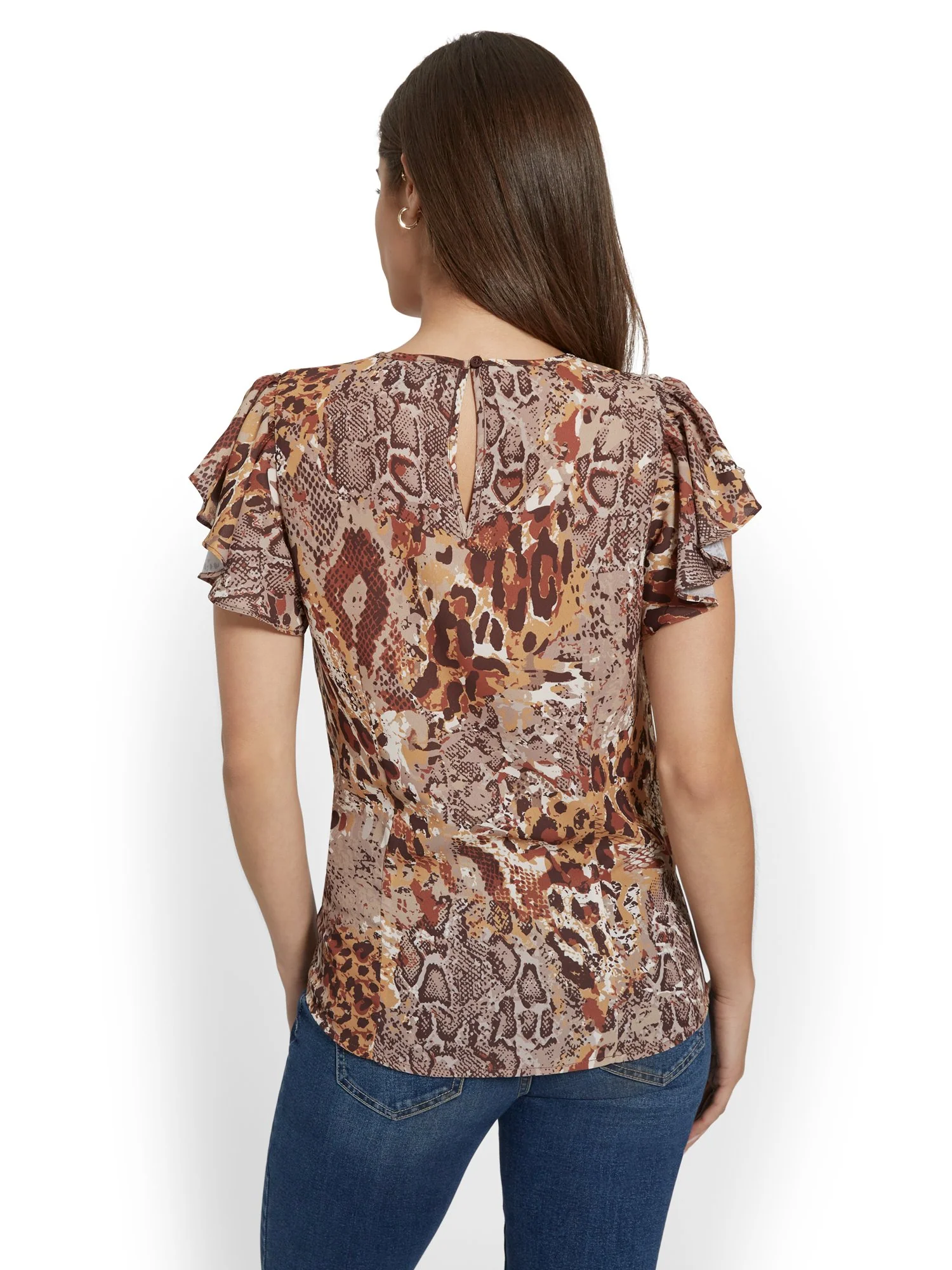 Snake-Print Keyhole Cut-Out Flutter-Sleeve Top - Image 3