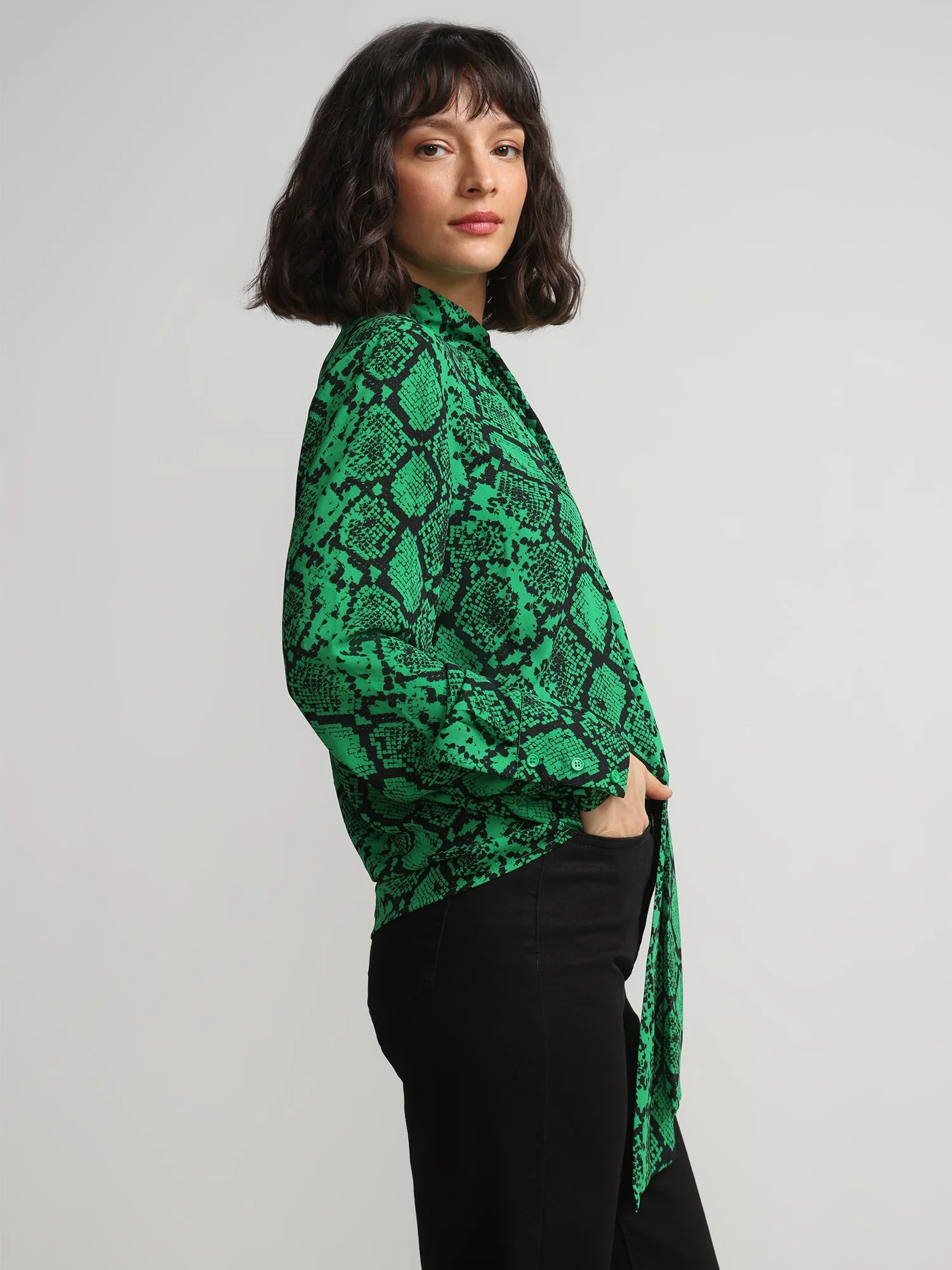 Snake-Print Tie-Front Cut-Out Satin Effect Blouse - Image 2