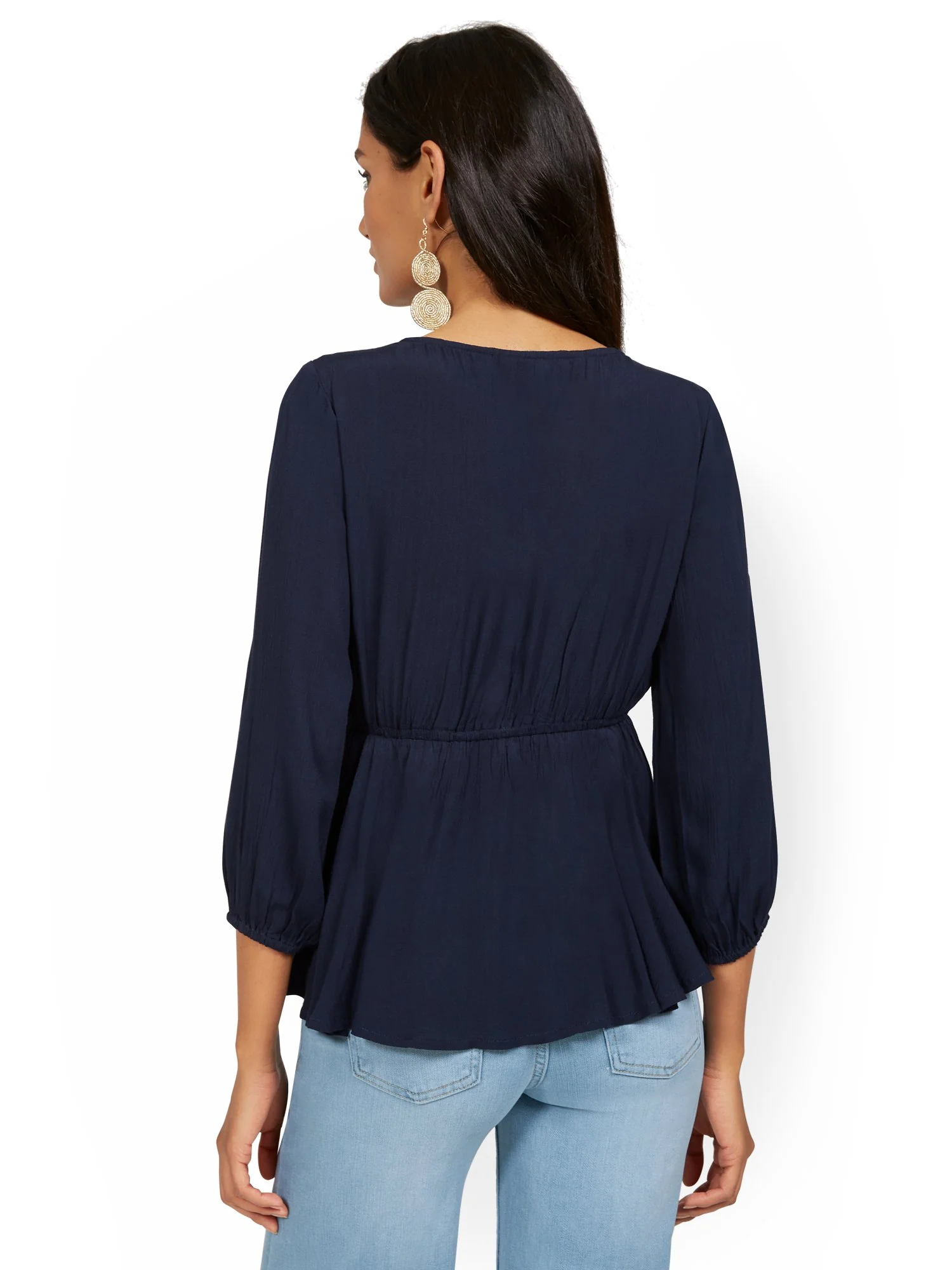 Soft 3/4-Sleeve Wrap-Front Peplum Blouse - Image 3