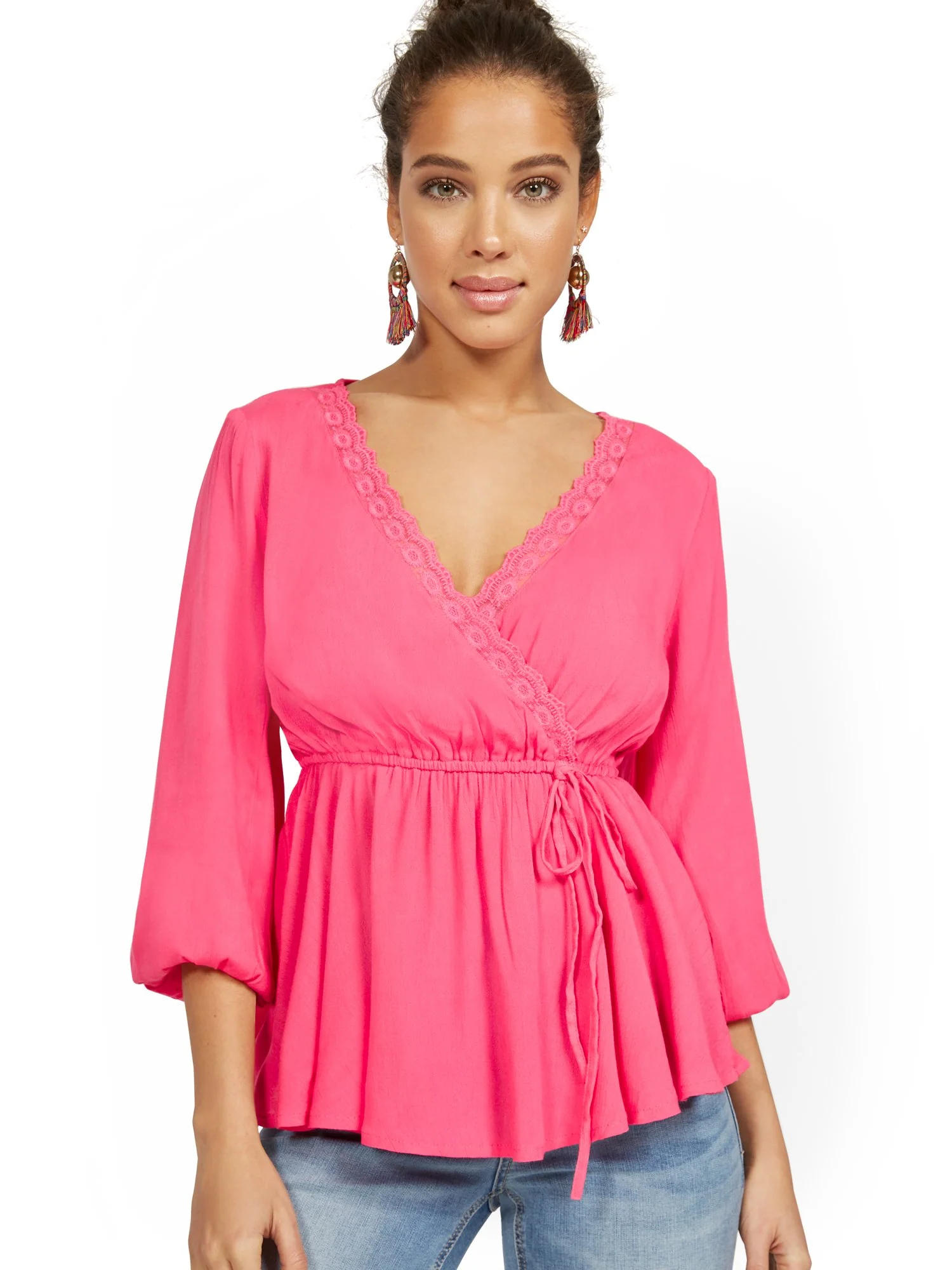 Soft 3/4-Sleeve Wrap-Front Peplum Blouse - Image 5