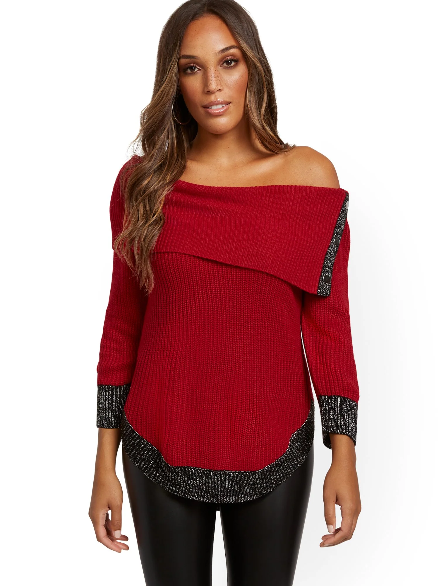 Split-Collar Button-Accent Sweater - Image 4