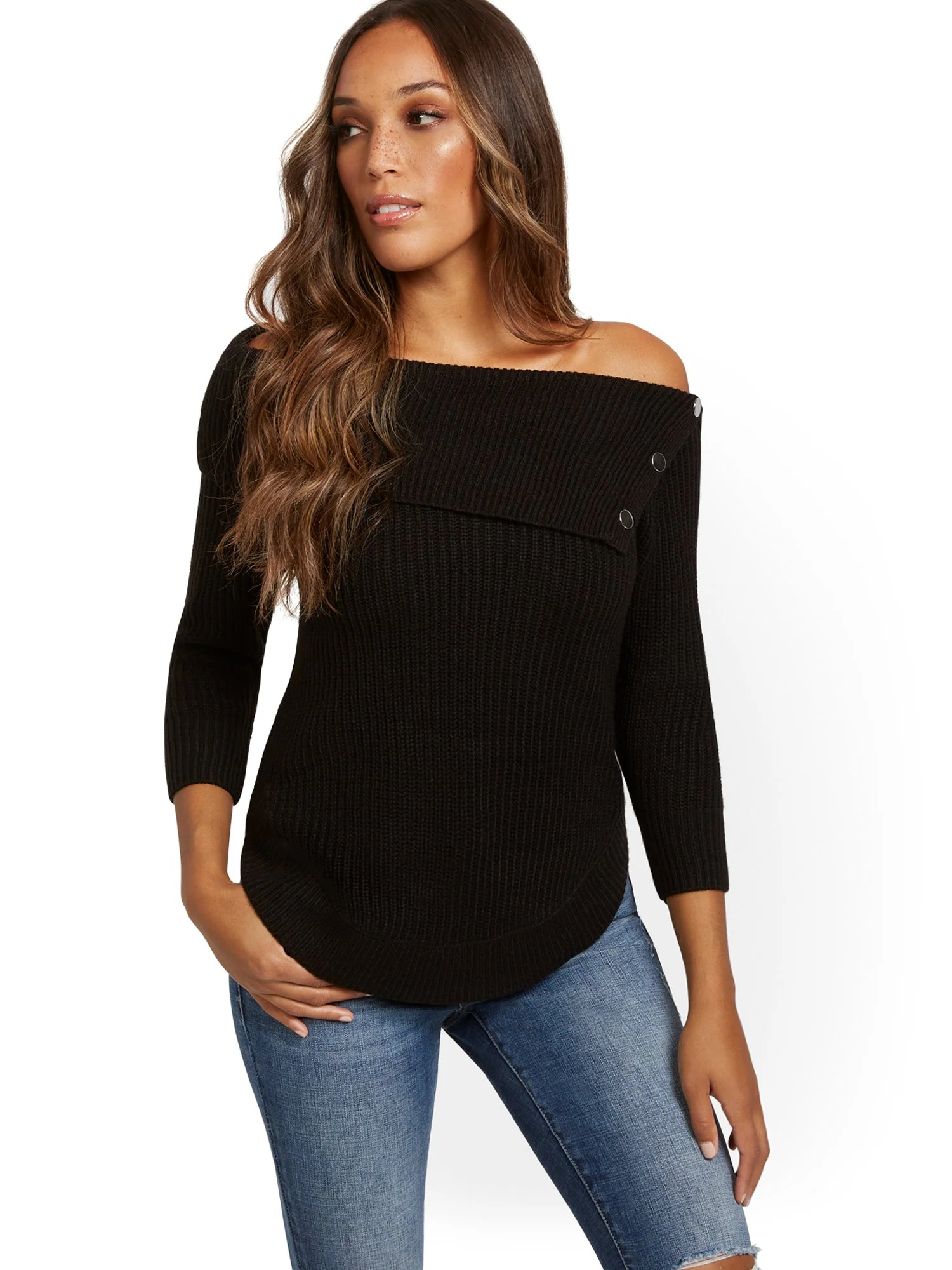 Split-Collar Button-Accent Sweater
