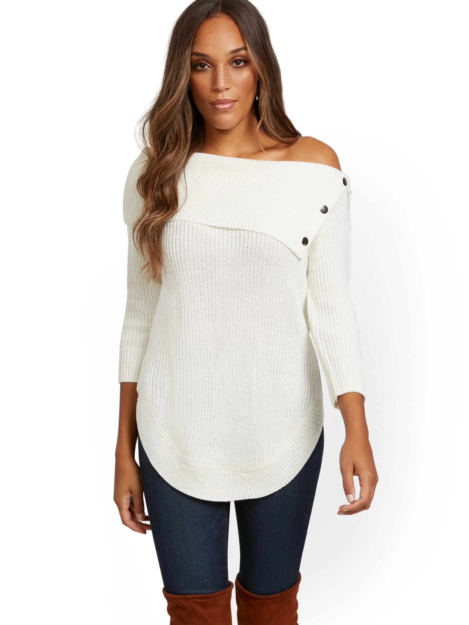 Split-Collar Button-Accent Sweater - Image 12