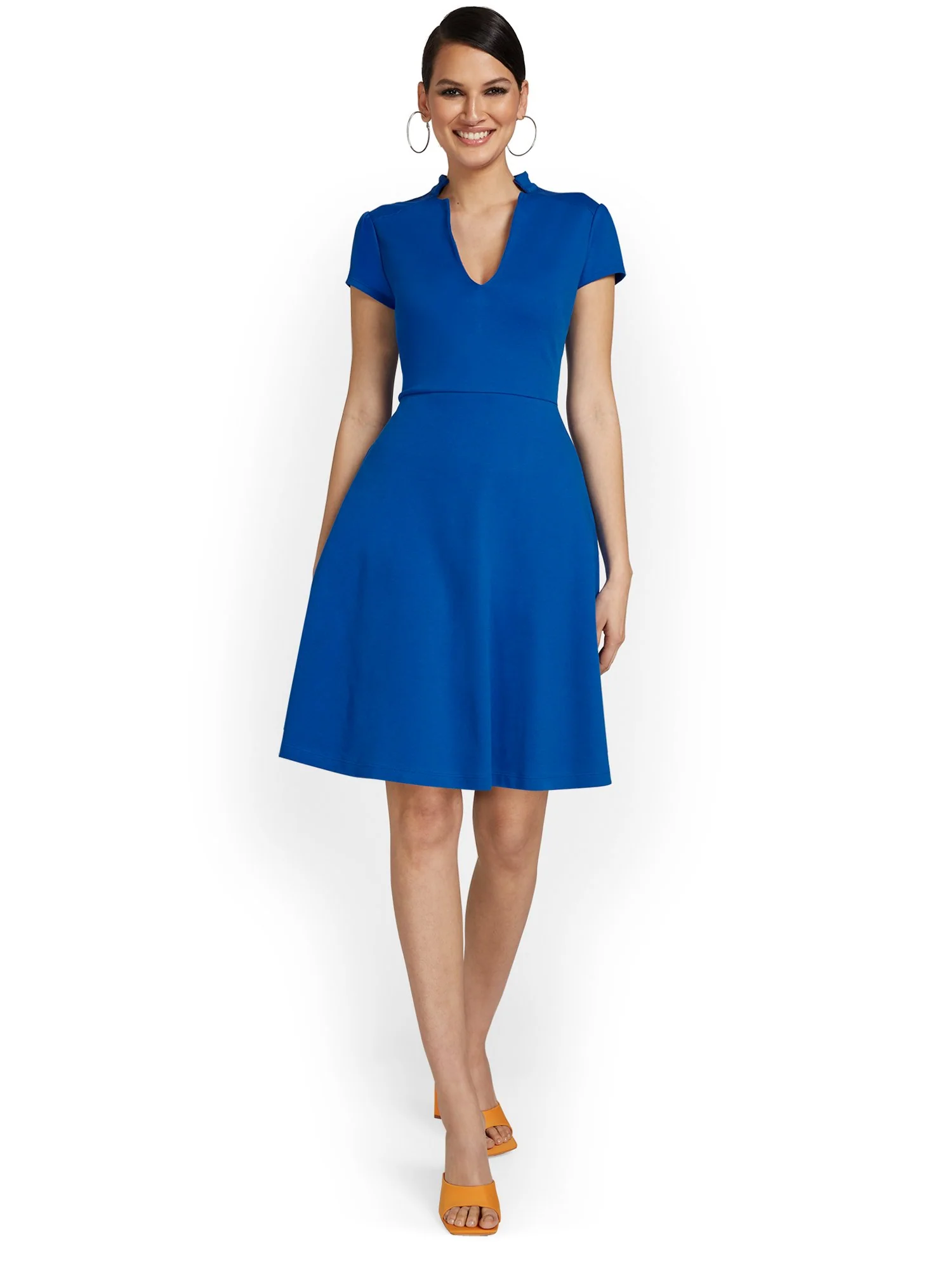 Split-Neck Puff-Sleeve Flare Dress - City Knits - Image 17