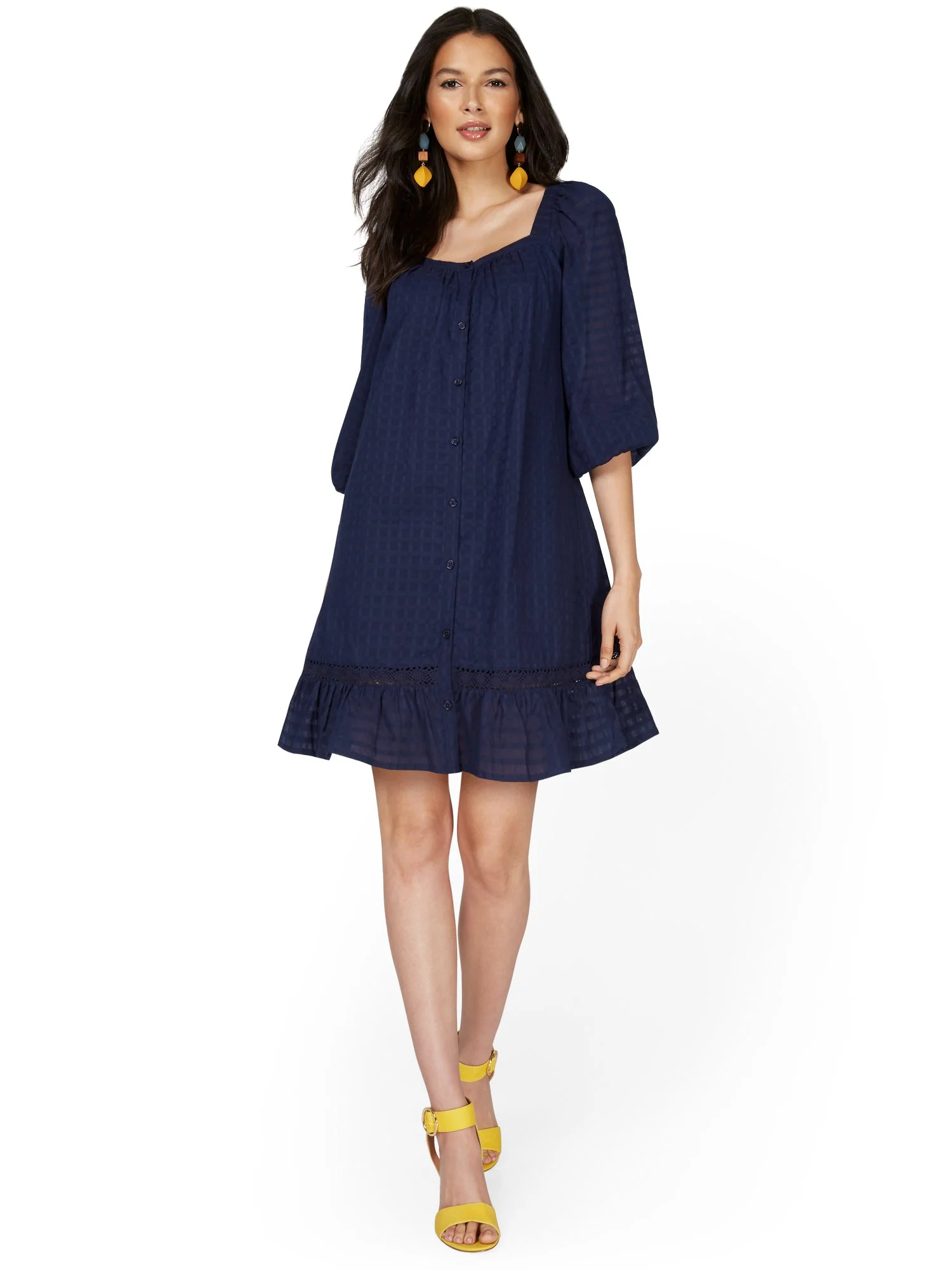 Square-Neck Balloon-Sleeve Eyelet Ruffle Dress - Image 2