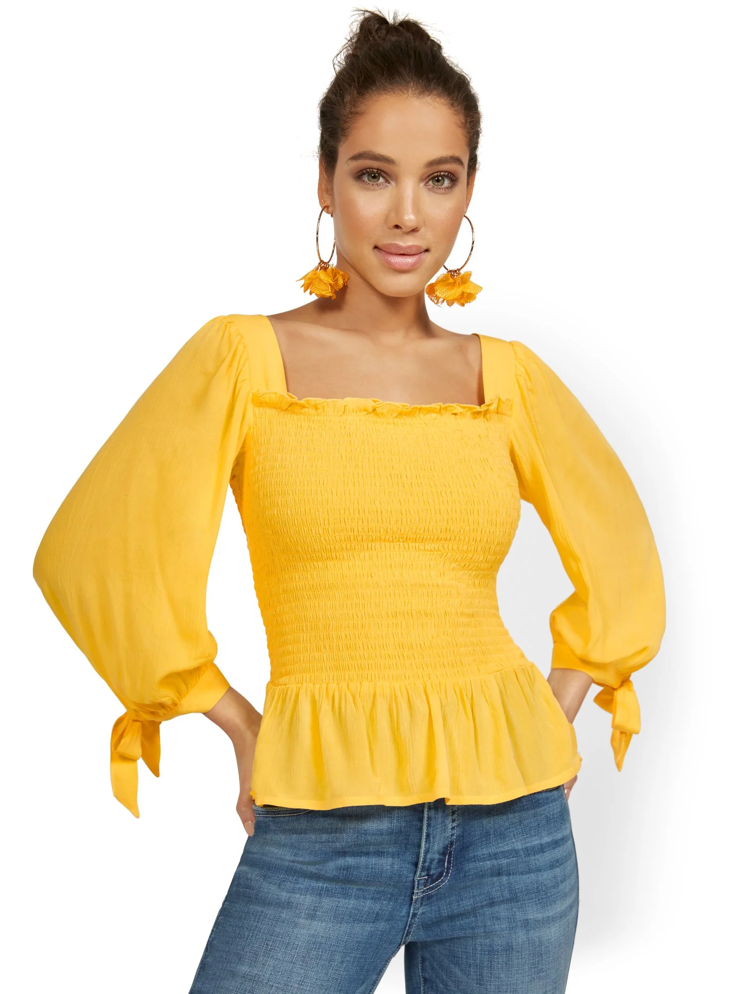 Square-Neck Smocked Tie-Sleeve Blouse - Image 2