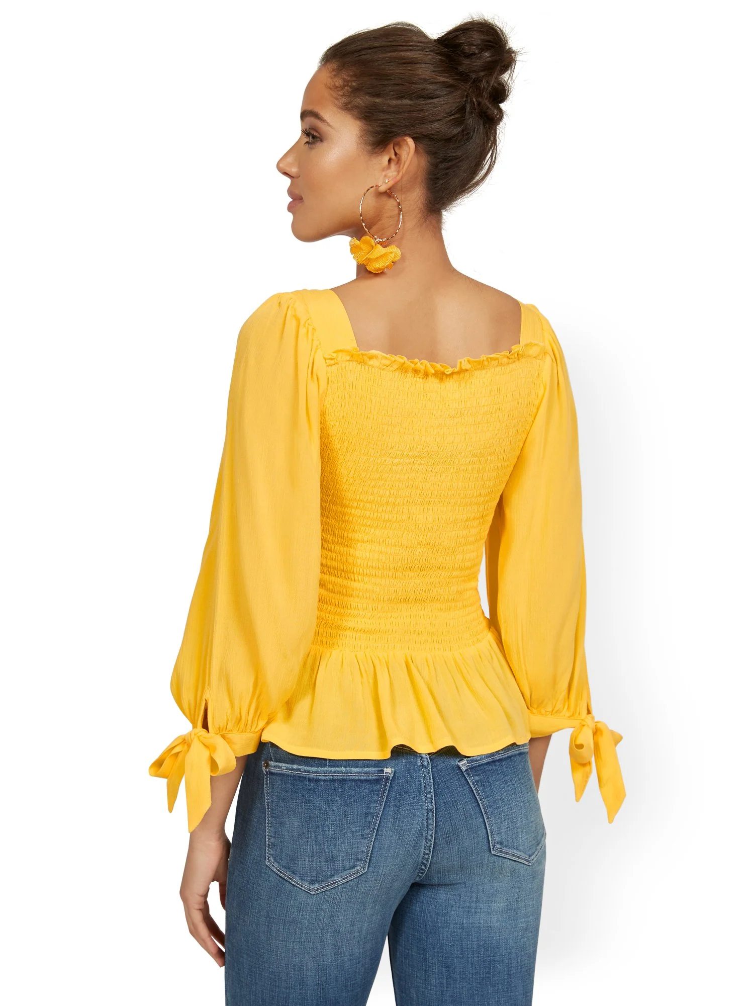 Square-Neck Smocked Tie-Sleeve Blouse - Image 3