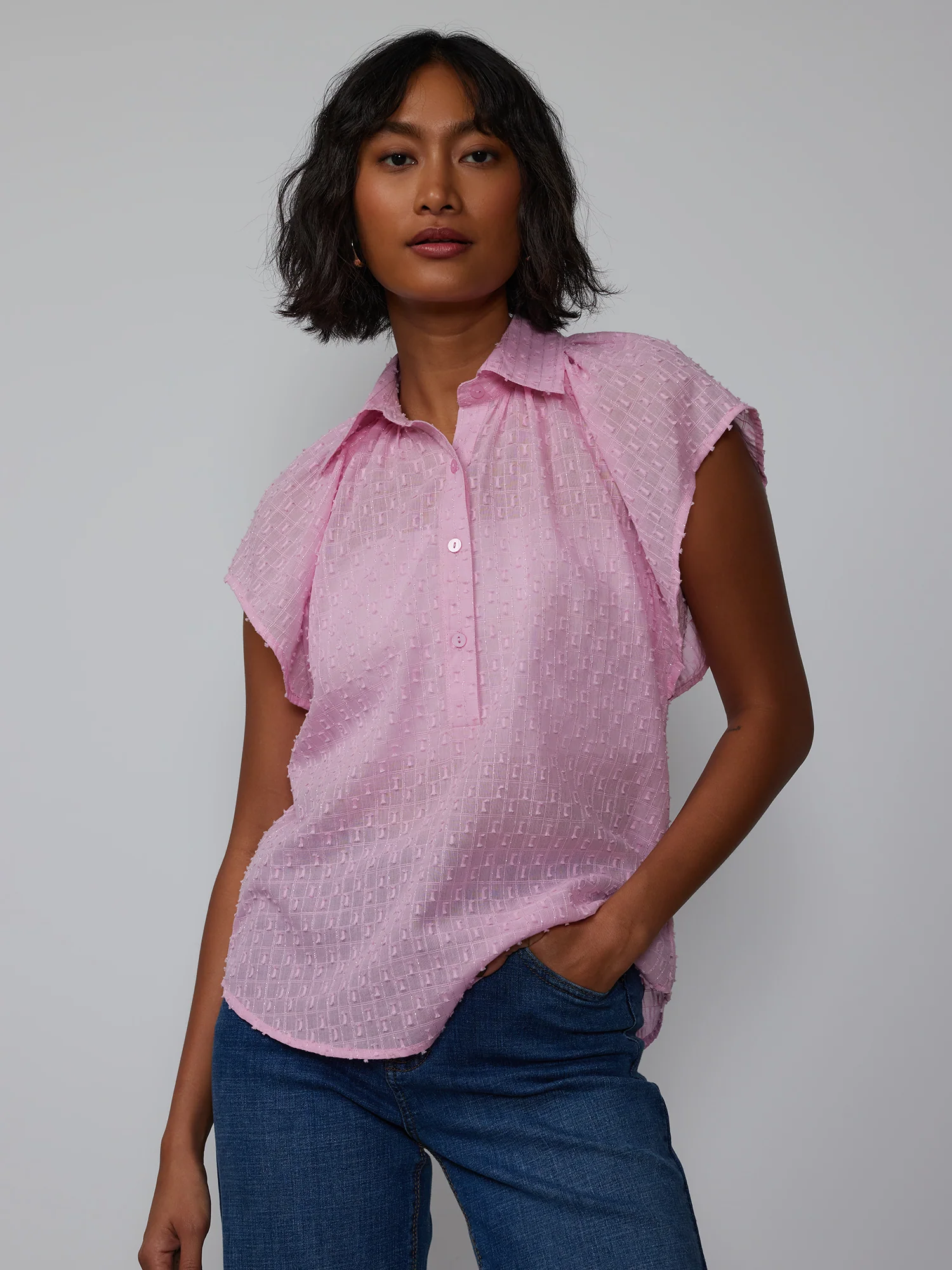 Flutter Sleeve Cotton Lurex Popover Shirt