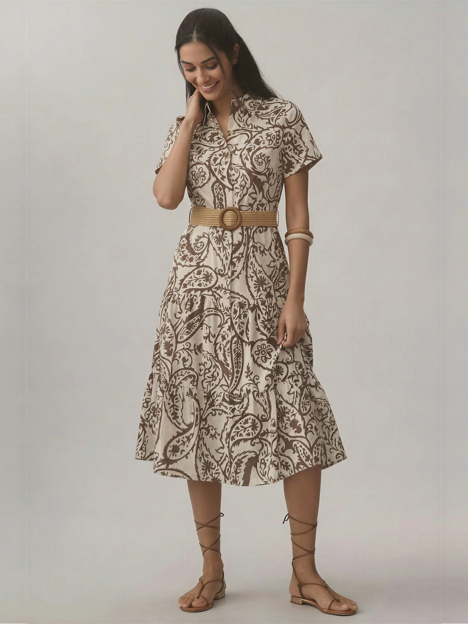 Short Sleeve Cotton Poplin Foliage Print Shirt A Line Midi Dress