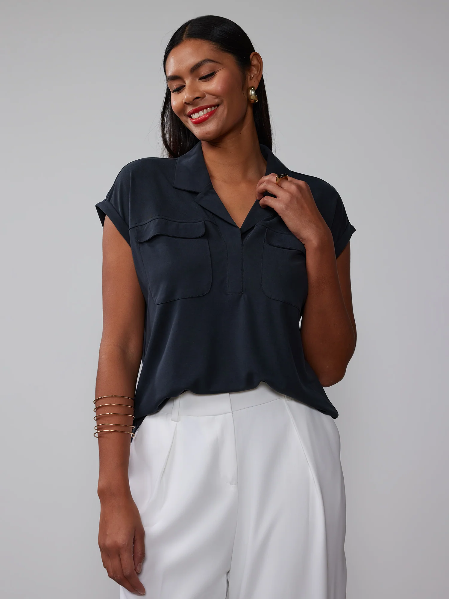 Short Sleeve Cupro Utility Collared Top