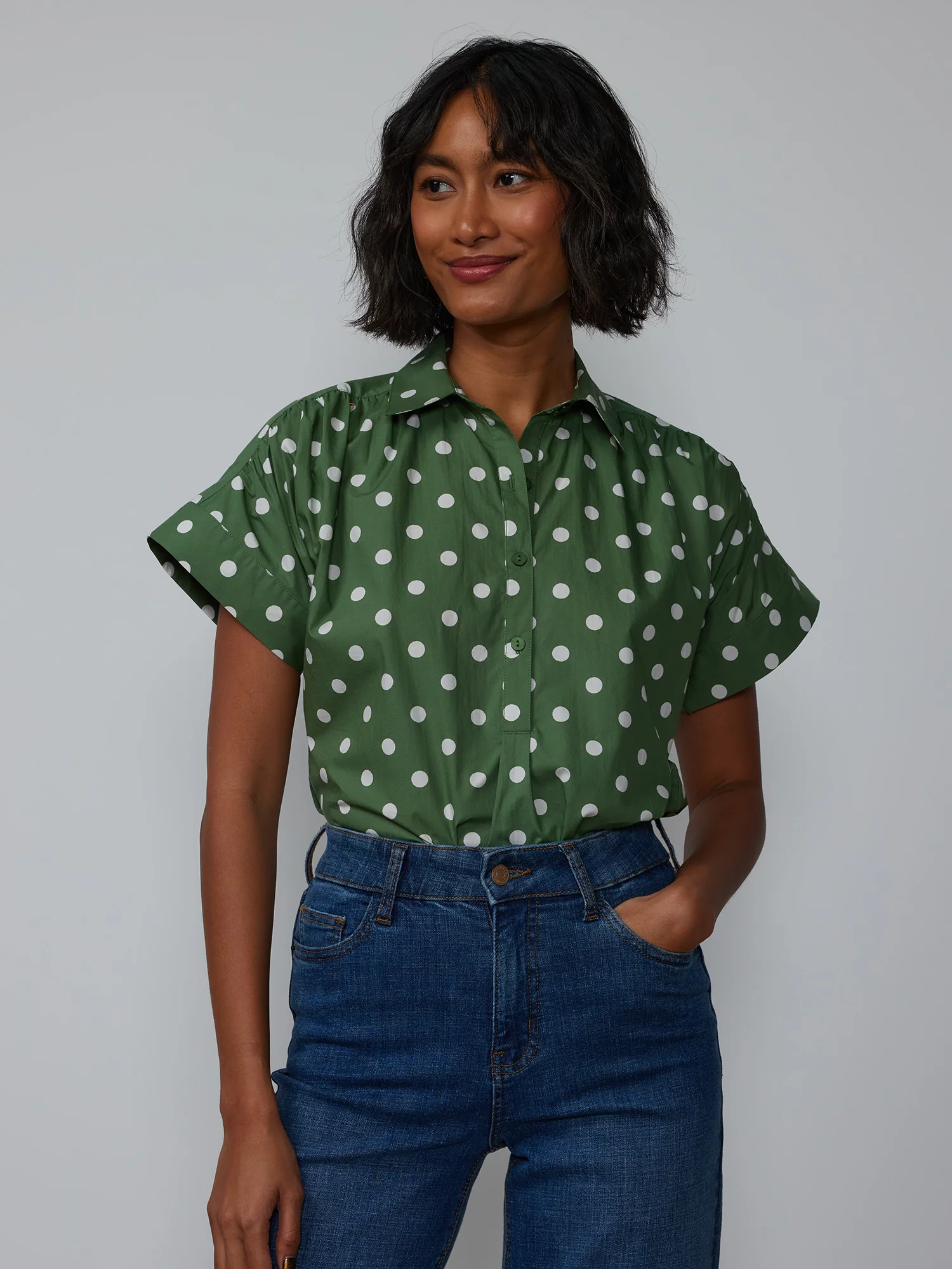 Short Sleeve Shirred Shoulder Dot Popover Shirt