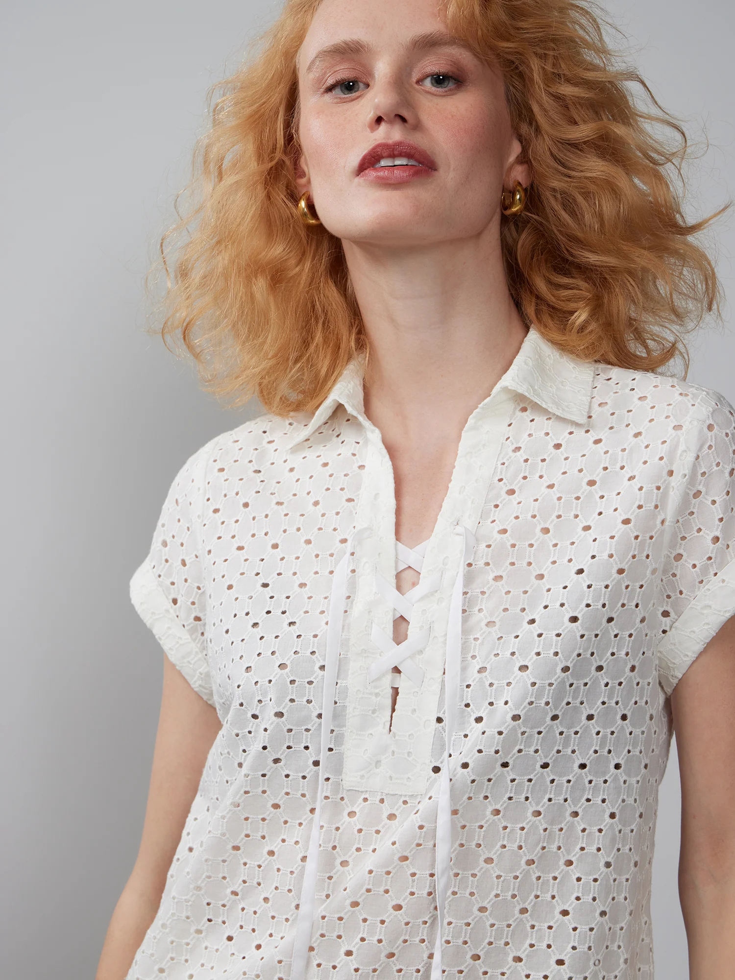 Eyelet Lace Up Neck Popover Top - Image 4