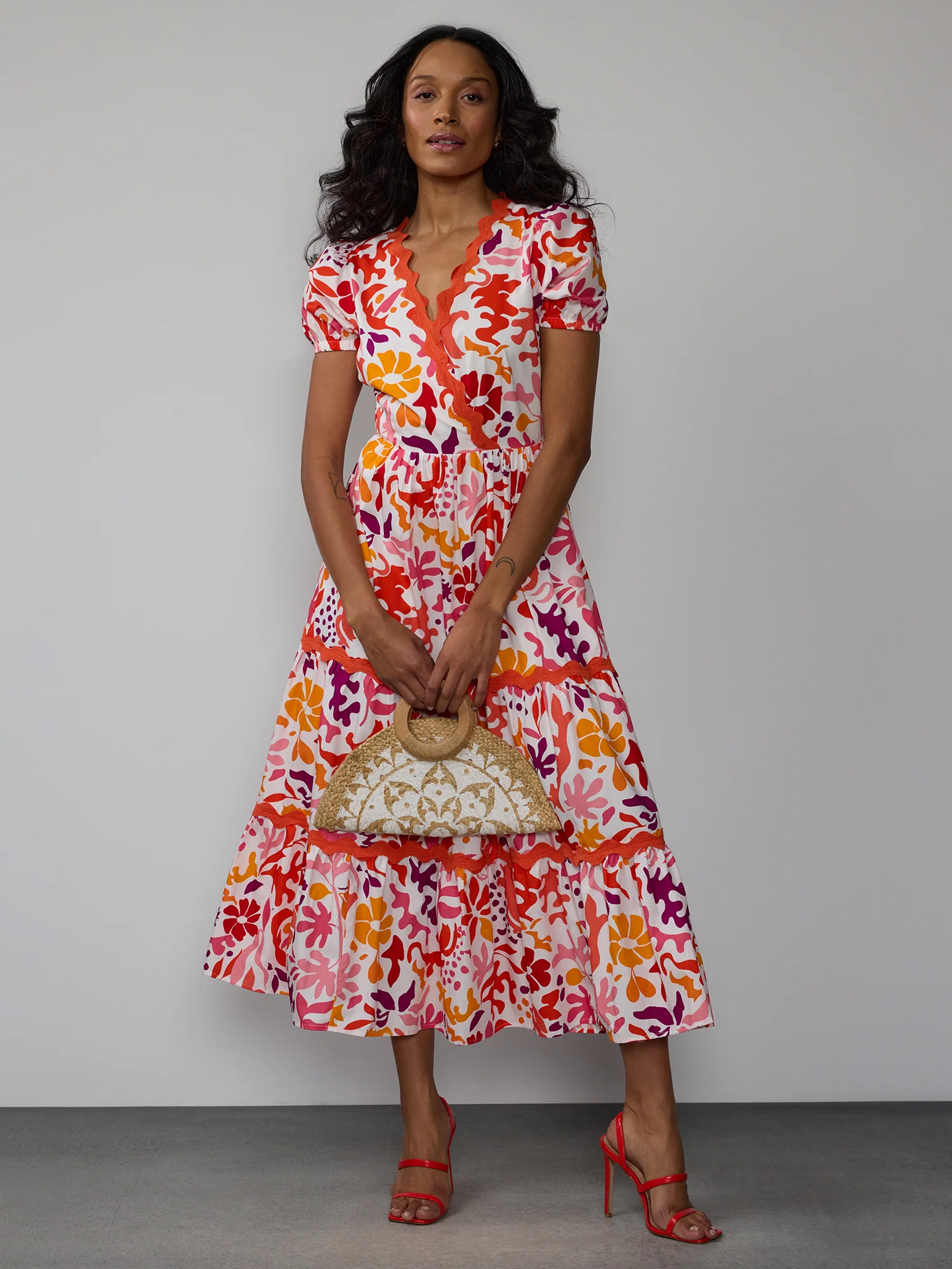 Floral Rick Rack Trim Tiered Maxi Dress