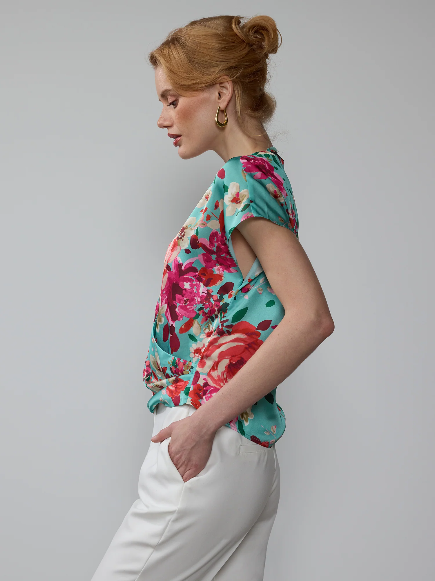 Short Sleeve Surplice Neck Floral Blouse - Image 2