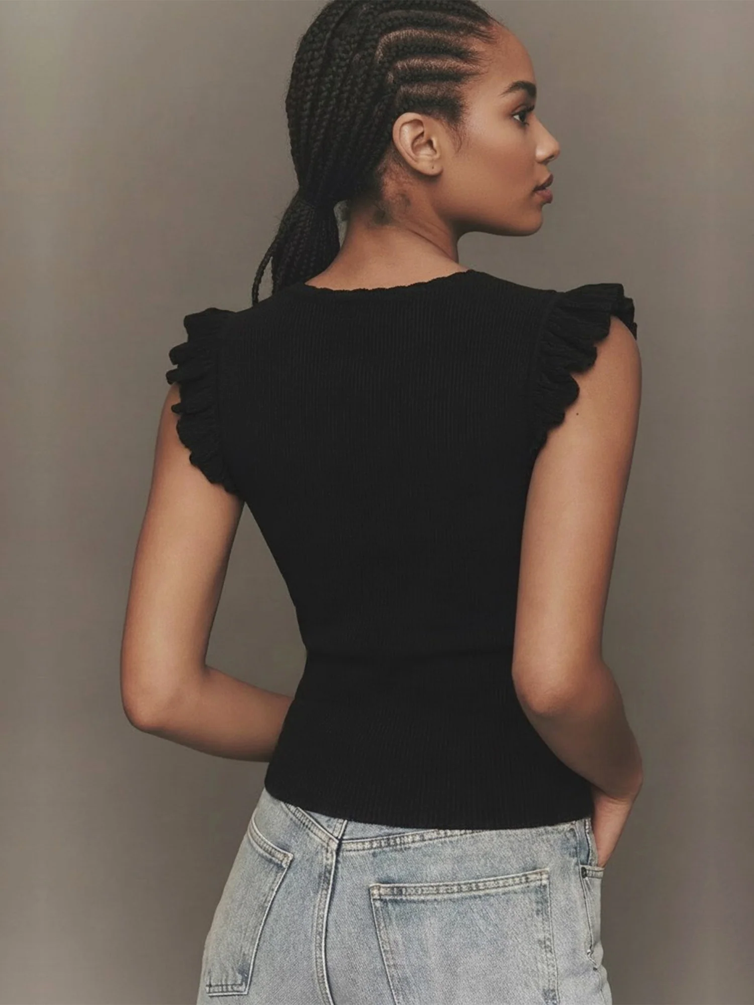 Short Sleeve Flutter Sleeve Knit Top - Image 4