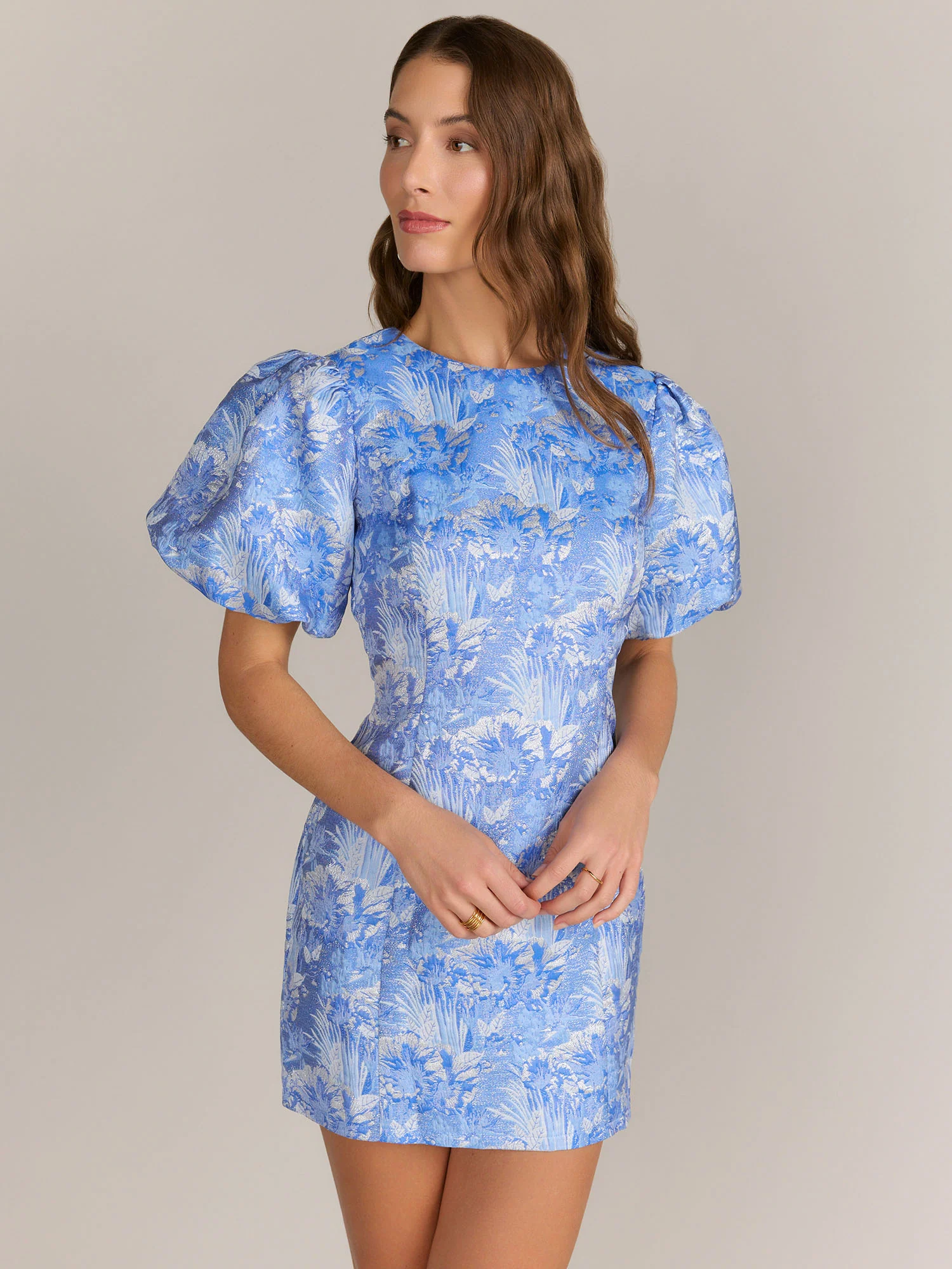 Lena Puff Sleeve Leaf Metallic Brocade Mini Dress - Brands We Love