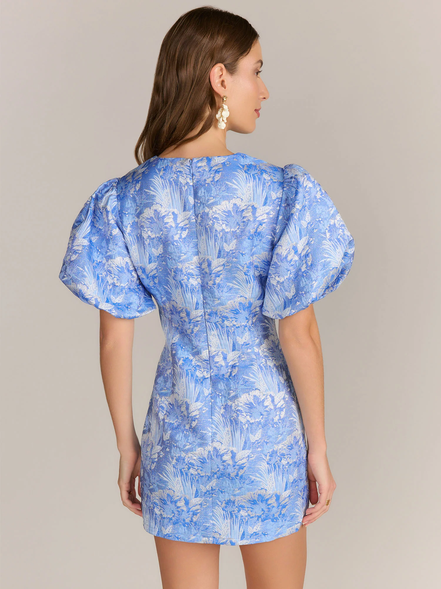 Lena Puff Sleeve Leaf Metallic Brocade Mini Dress - Brands We Love - Image 3