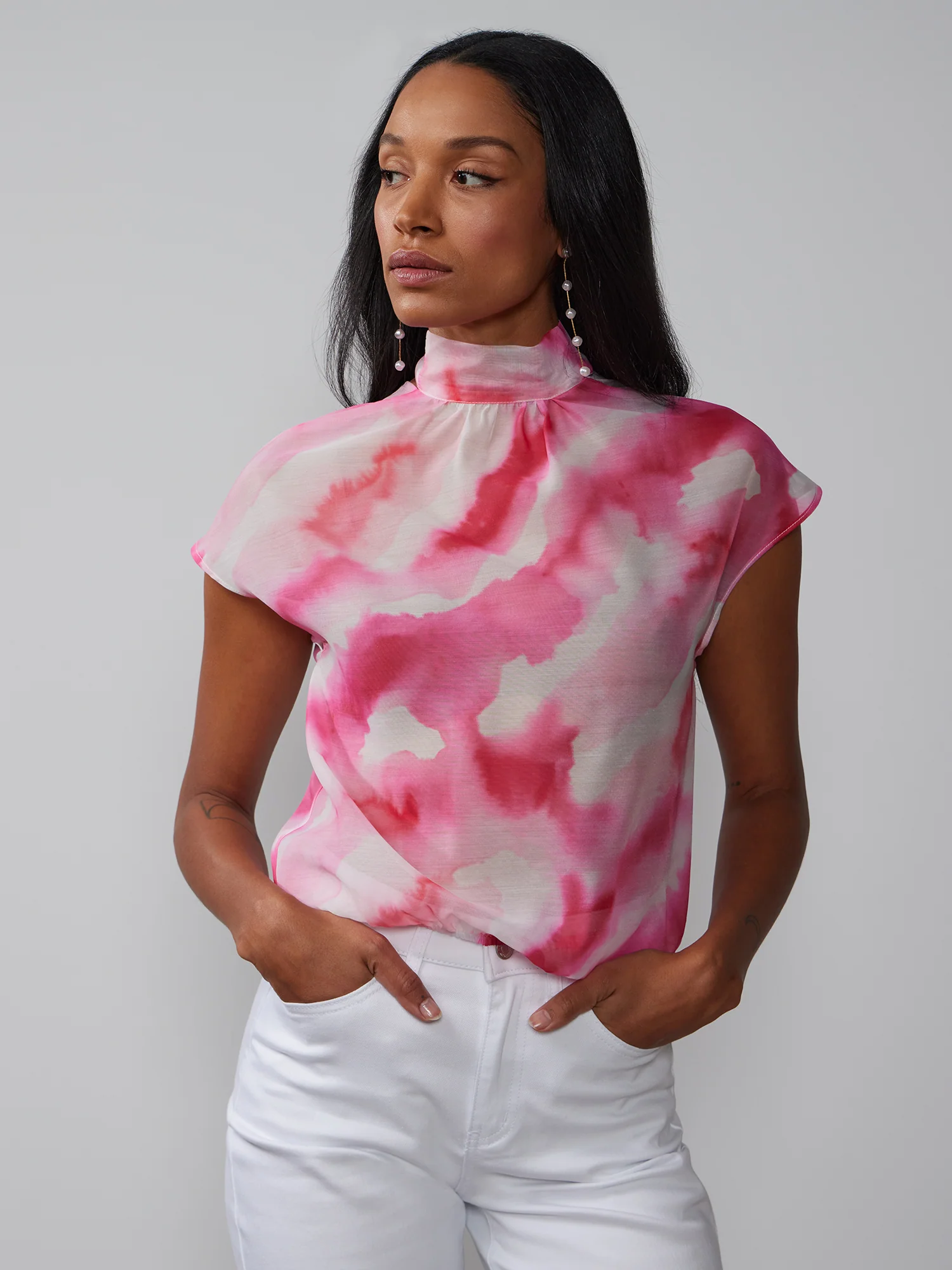 Tie-Dye Back Tie Organza Blouse
