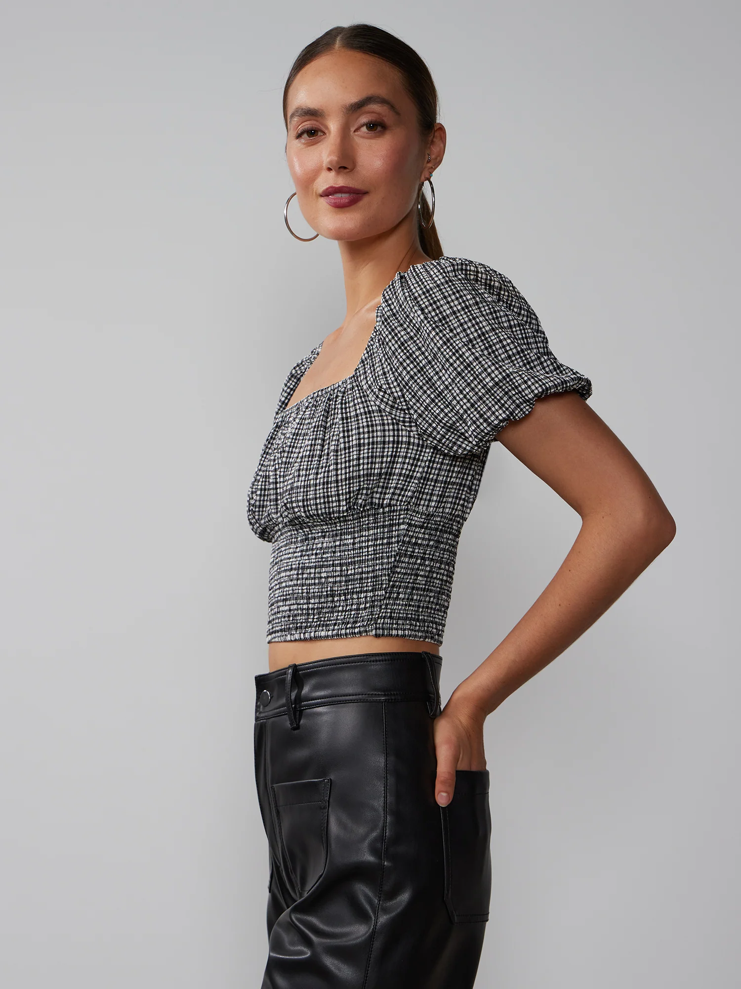 Square Neck Plaid Smocked Blouse - Image 2