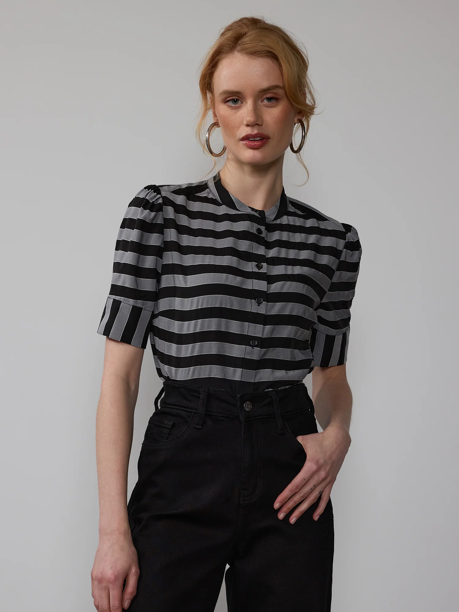 Puff Sleeve Striped Button Down Top